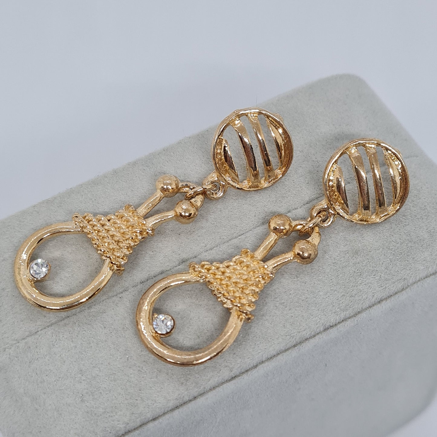 Vintage rope drop earrings Gold tone textured metal dangle earrings with small rhinestones