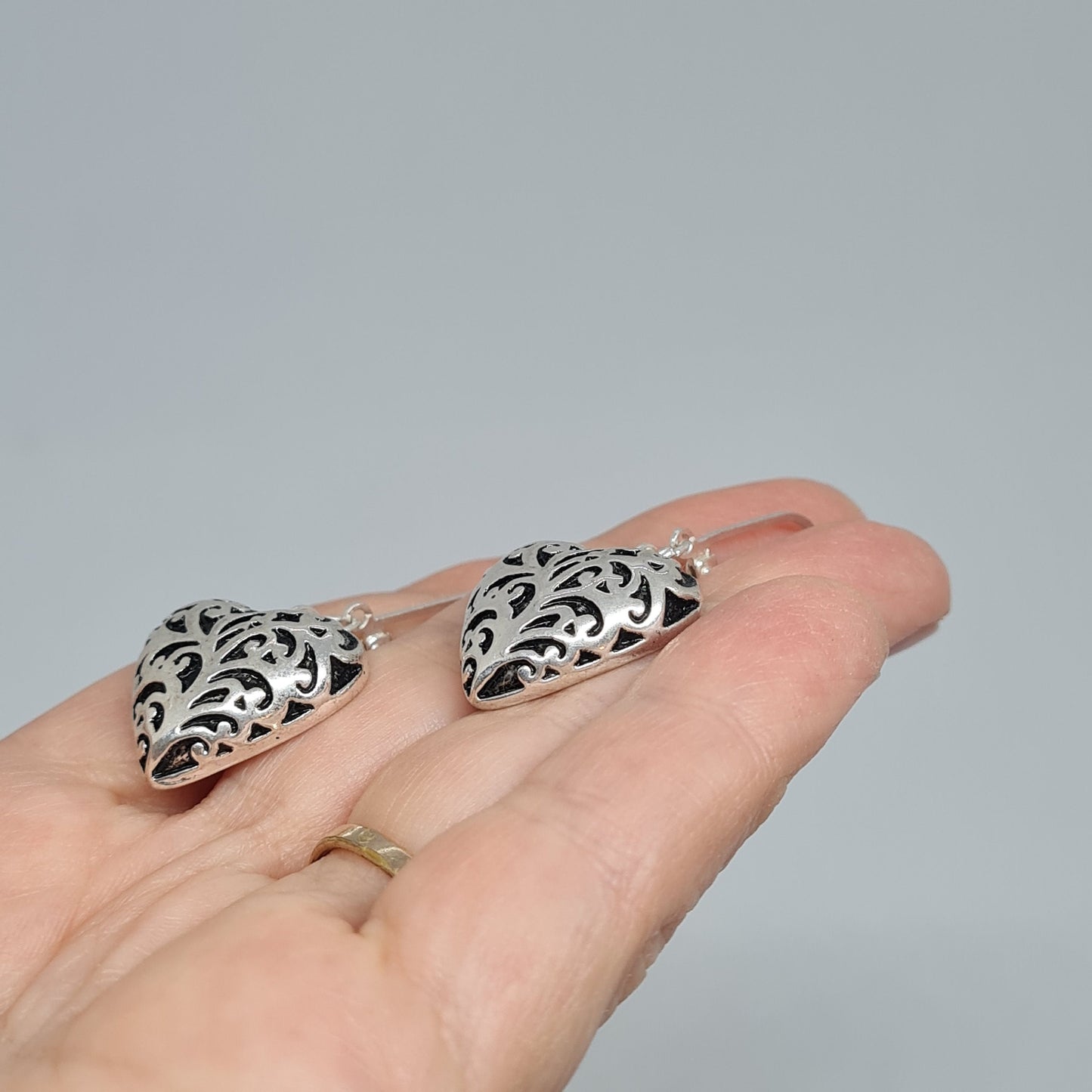 Vintage Silver Tone Heart Dangle Earrings: Black Enamel Pierced Earrings