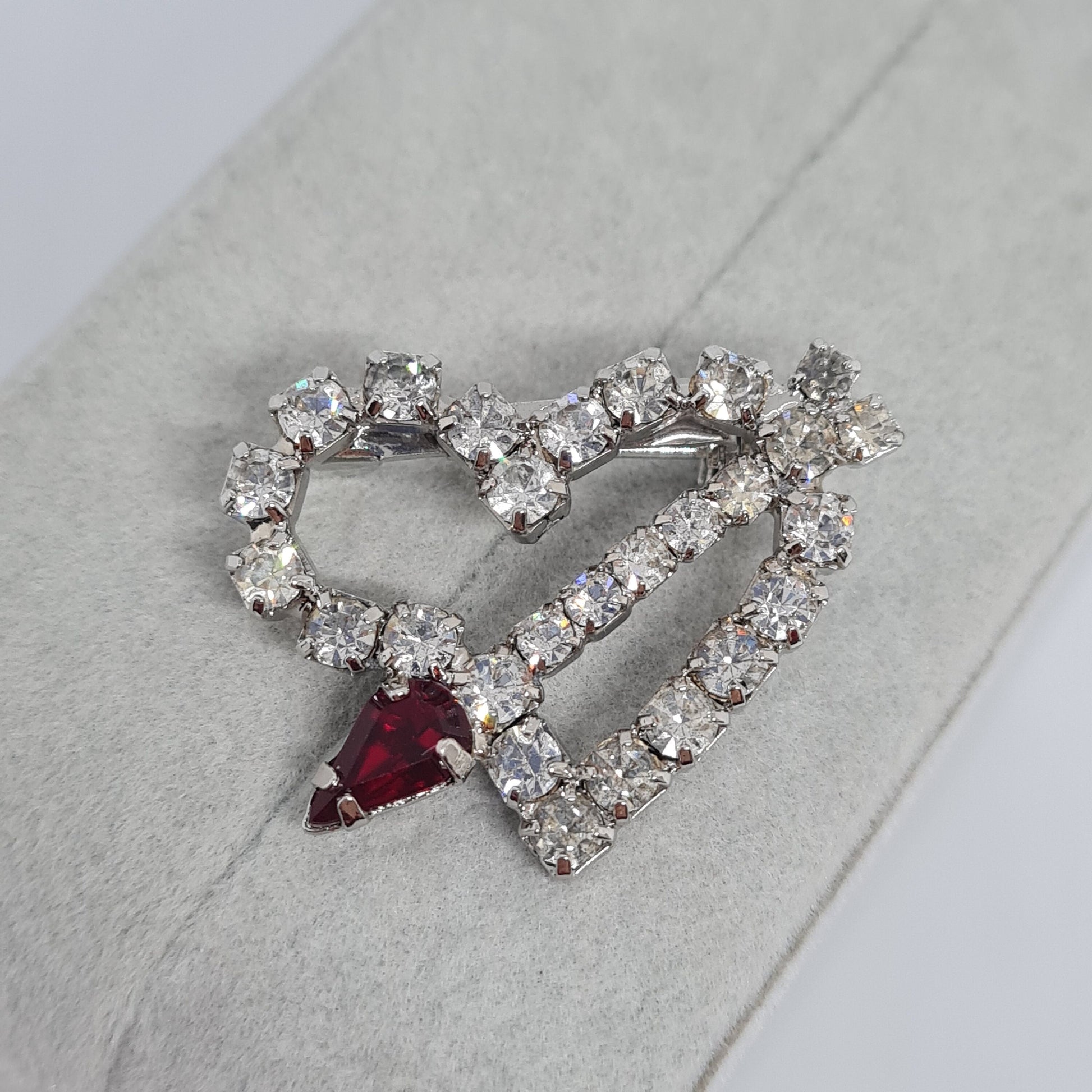 Vintage Rhinestone Heart Brooch: Silver Tone Metal Pin