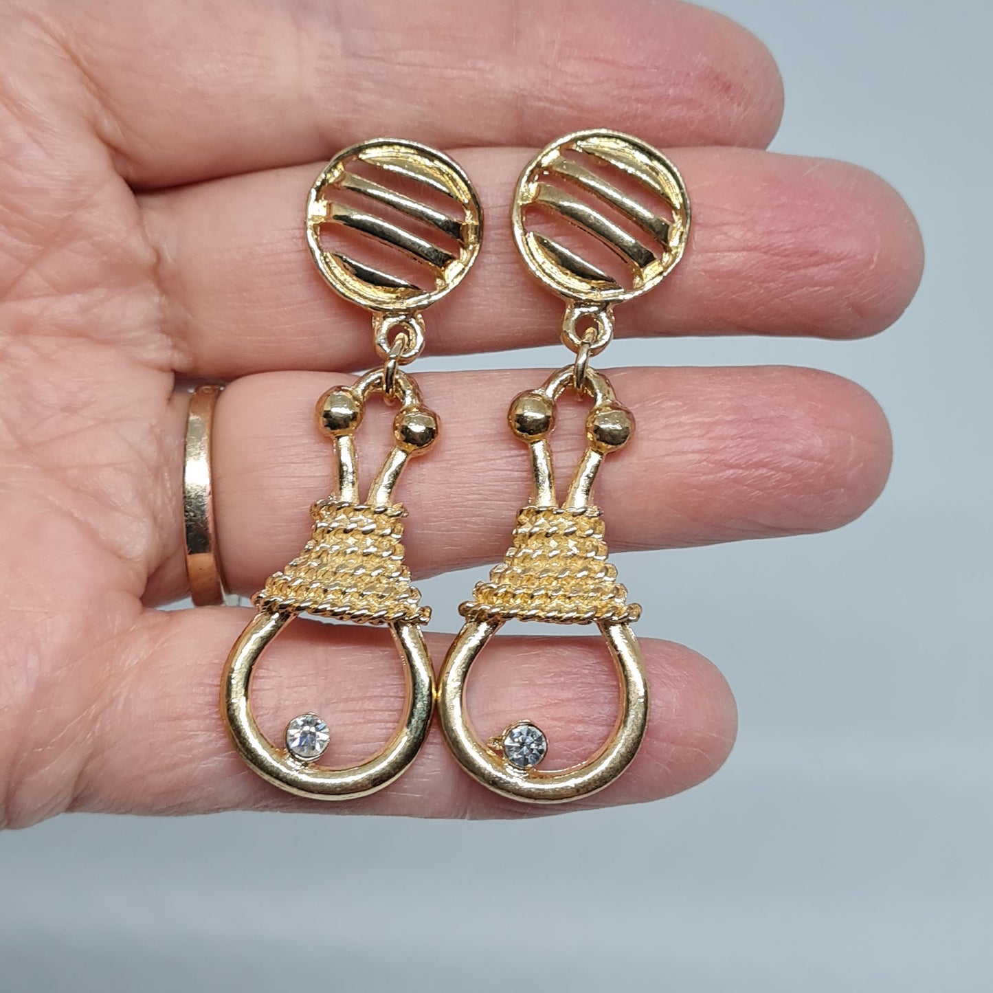 Vintage rope drop earrings Gold tone textured metal dangle earrings with small rhinestones