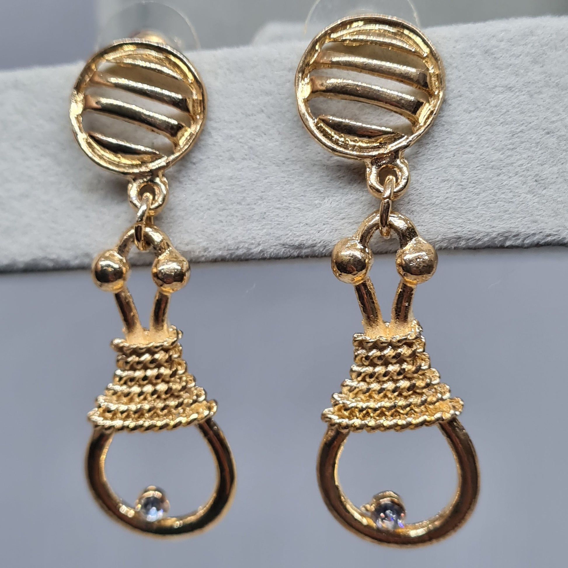 Vintage rope drop earrings Gold tone textured metal dangle earrings with small rhinestones