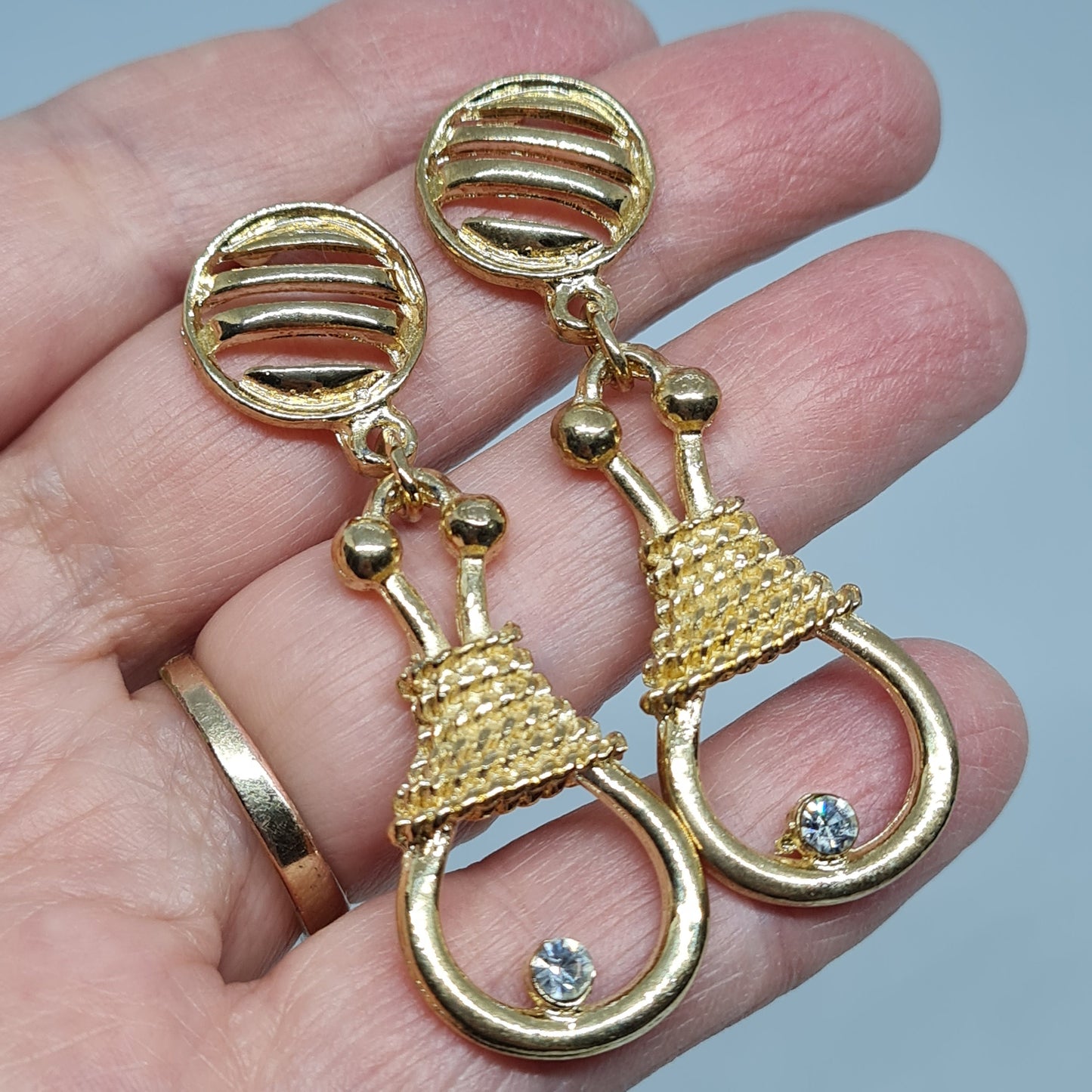 Vintage rope drop earrings Gold tone textured metal dangle earrings with small rhinestones
