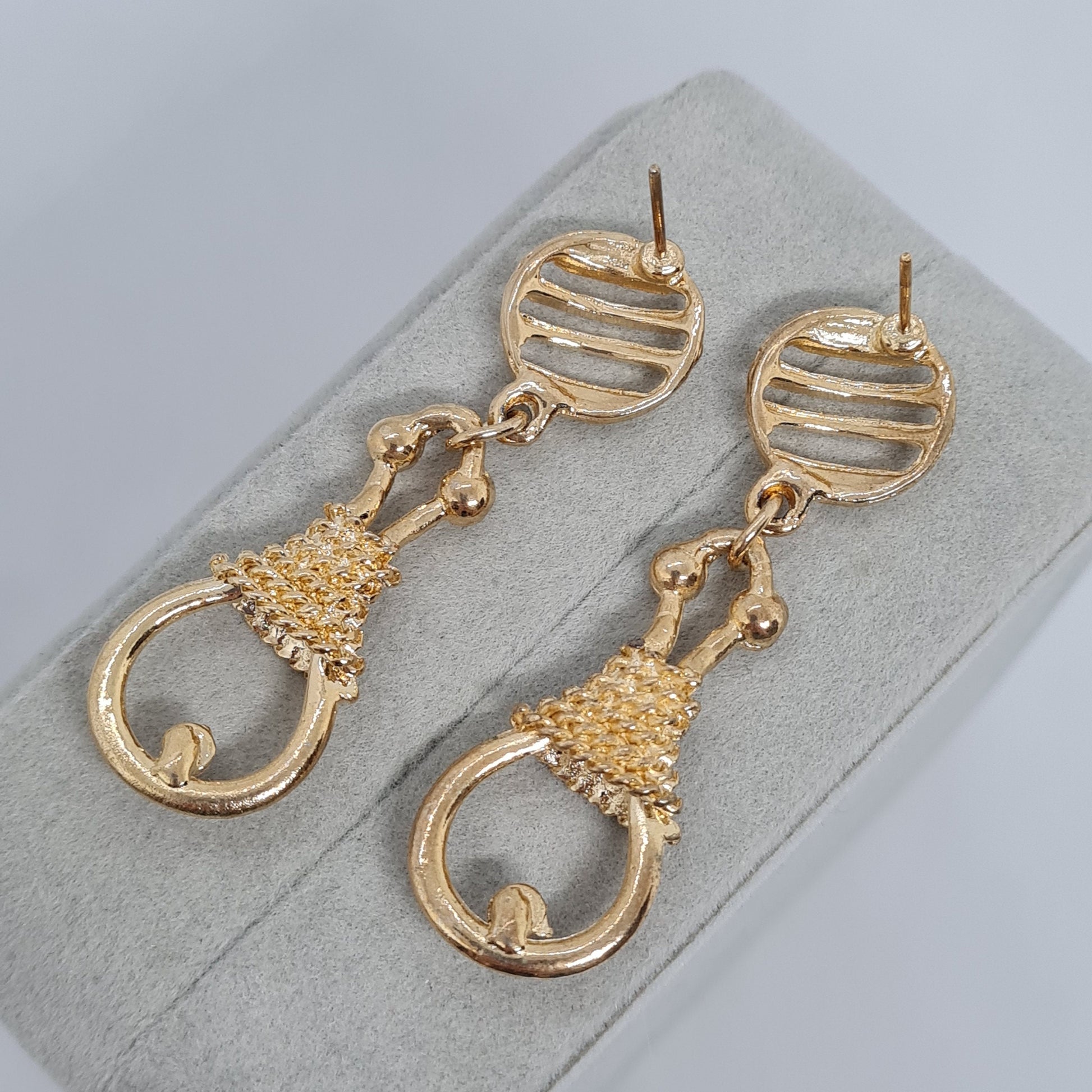 Vintage rope drop earrings Gold tone textured metal dangle earrings with small rhinestones