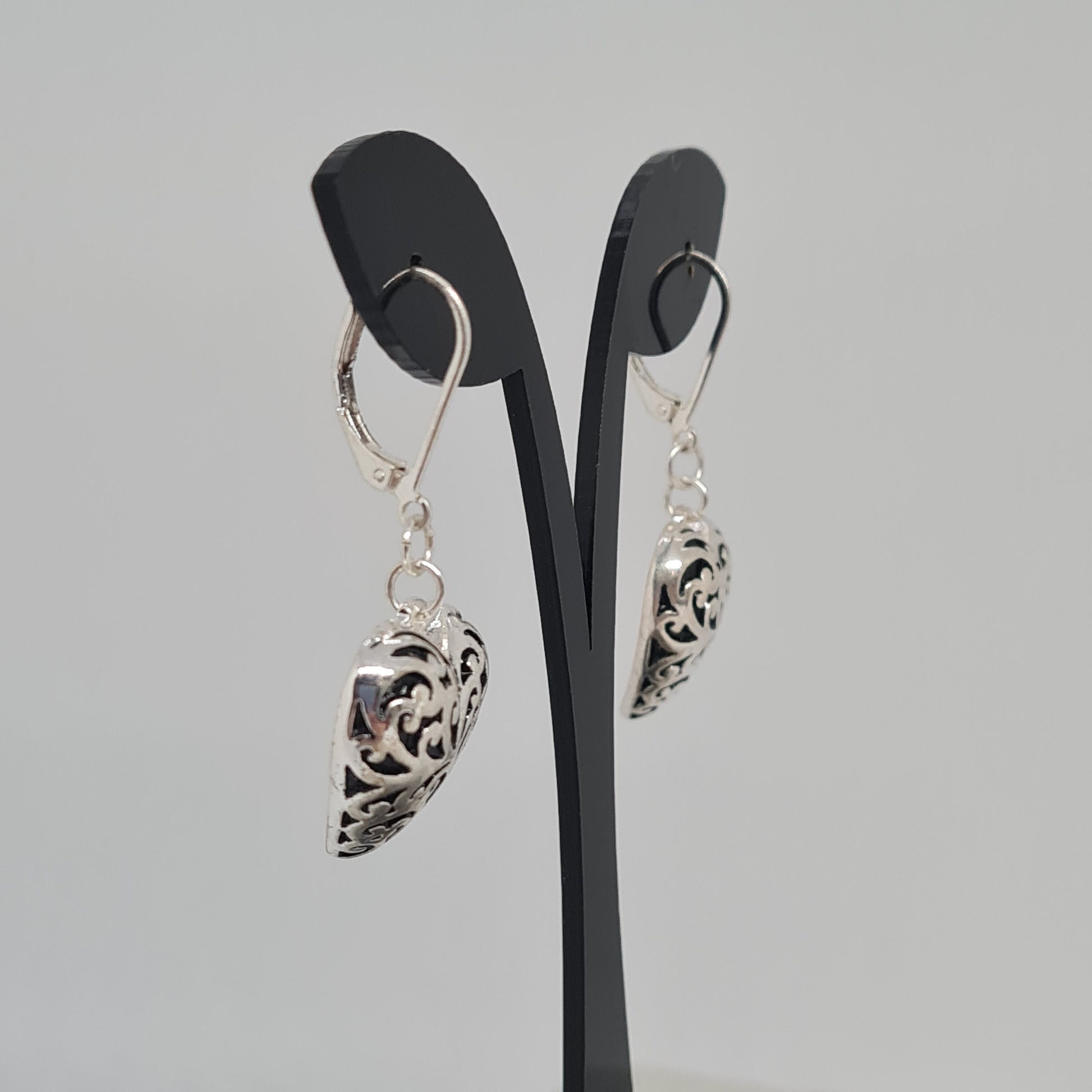 Vintage Silver Tone Heart Dangle Earrings: Black Enamel Pierced Earrings