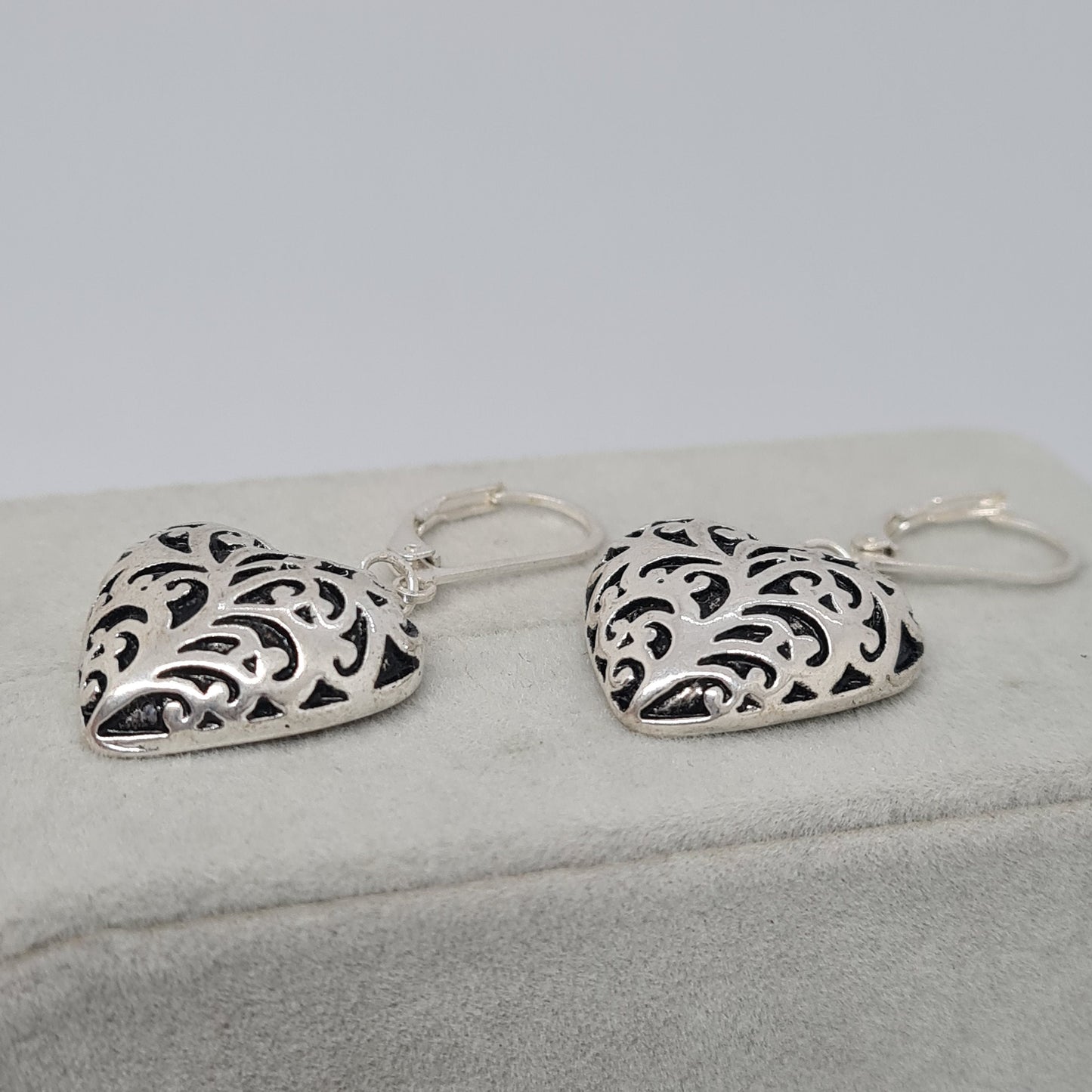 Vintage Silver Tone Heart Dangle Earrings: Black Enamel Pierced Earrings