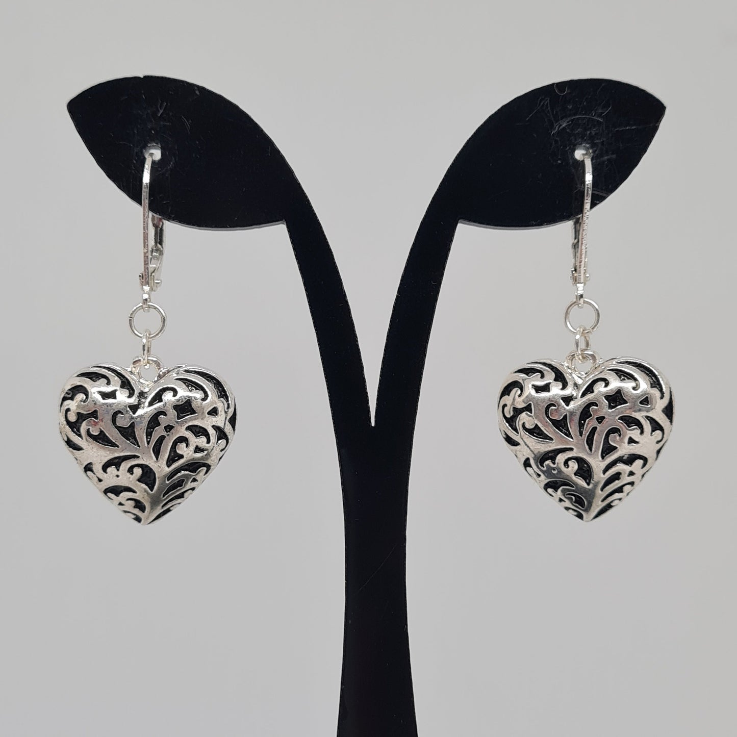 Vintage Silver Tone Heart Dangle Earrings: Black Enamel Pierced Earrings