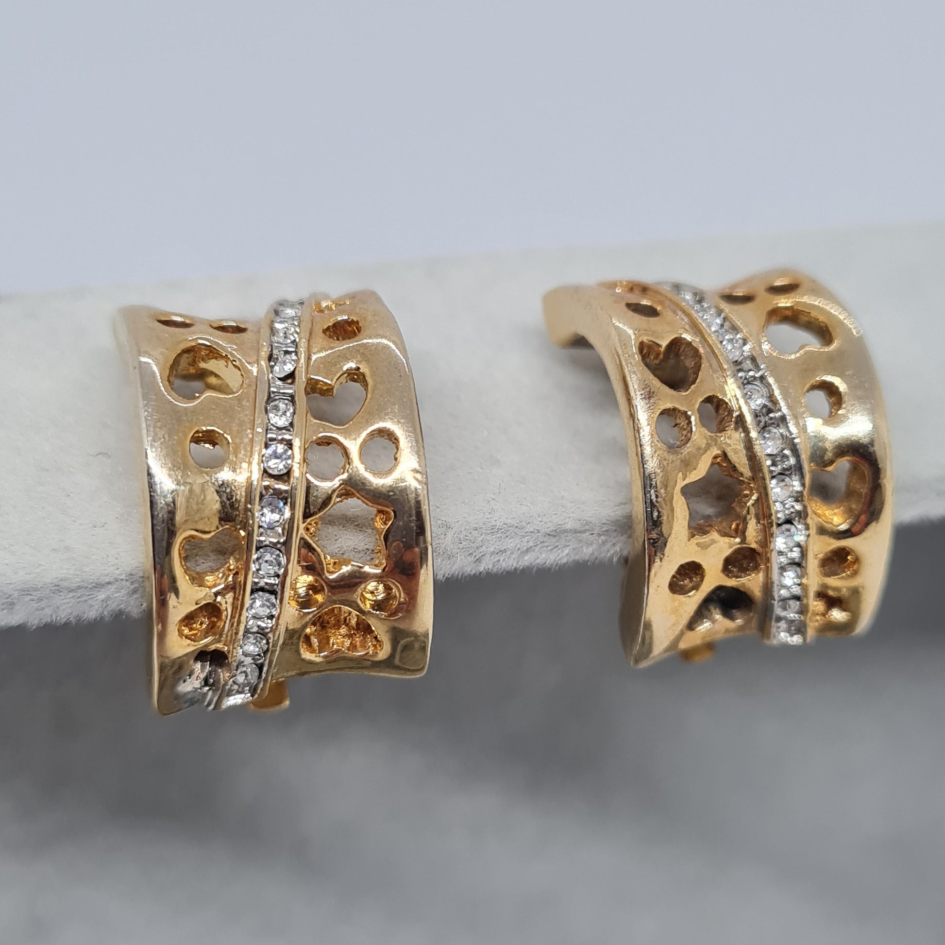 Heart-Shaped Hoop Earrings: Vintage Gold-tone & Sparkle Stones, Gift for Valentine's Day