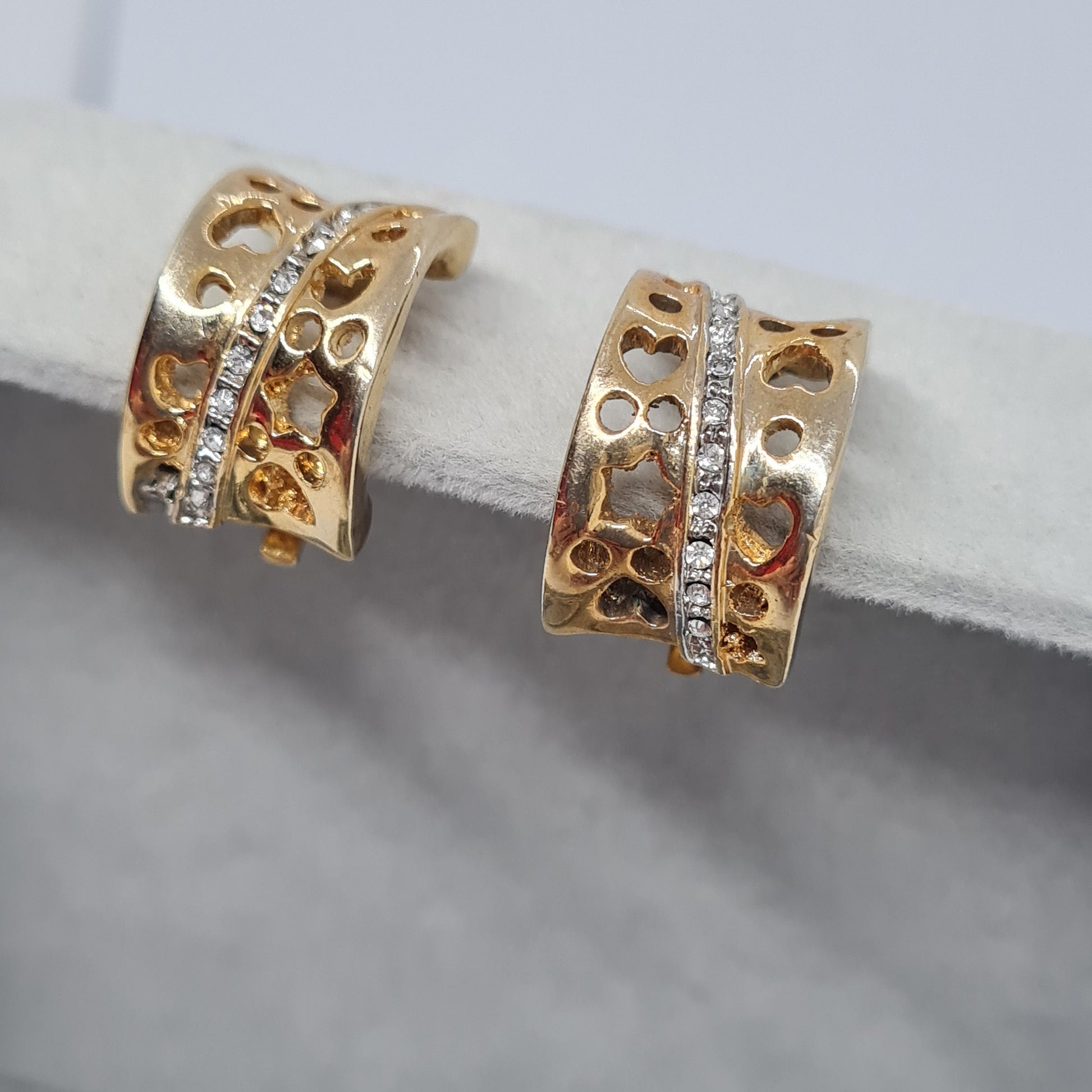 Heart-Shaped Hoop Earrings: Vintage Gold-tone & Sparkle Stones, Gift for Valentine's Day