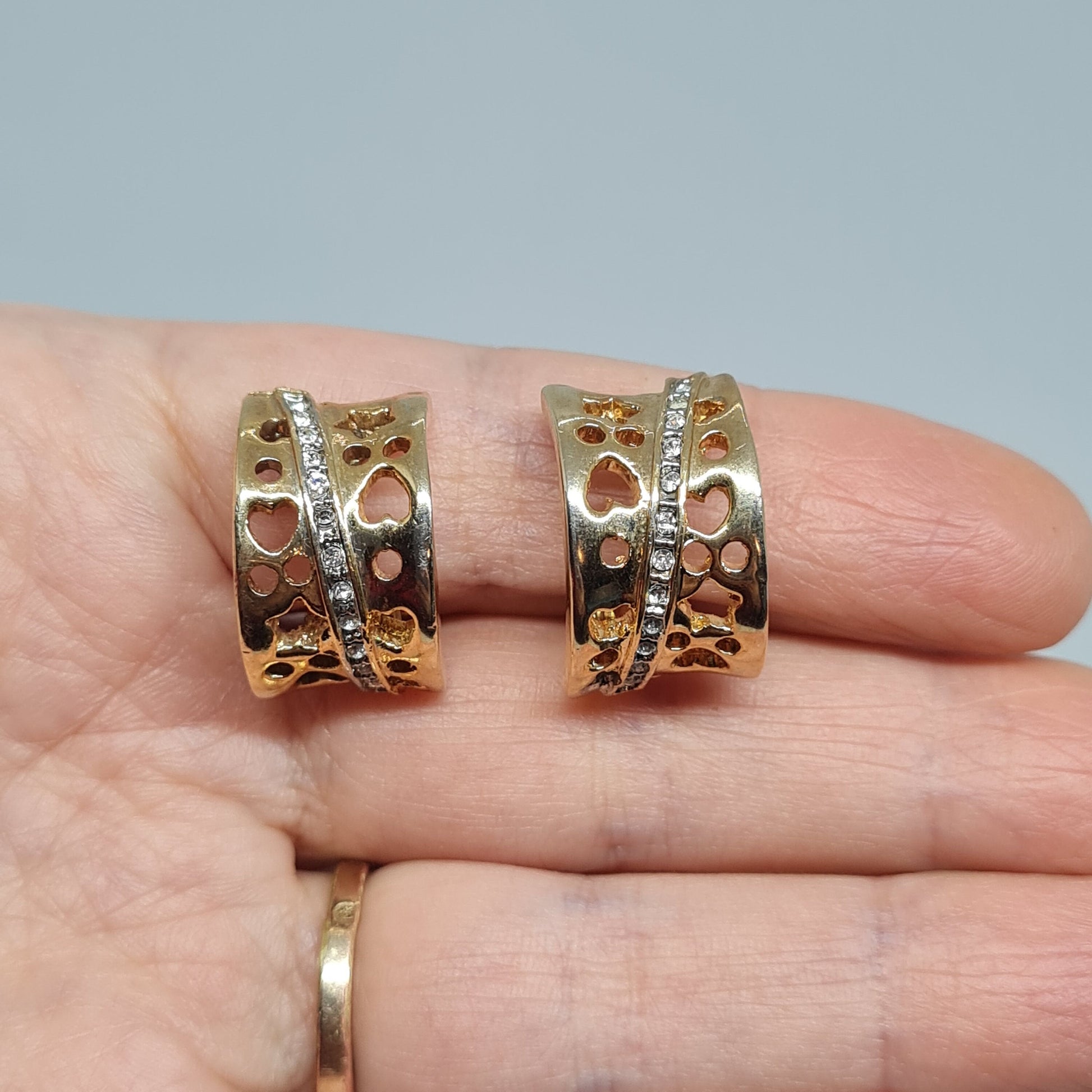 Heart-Shaped Hoop Earrings: Vintage Gold-tone & Sparkle Stones, Gift for Valentine's Day