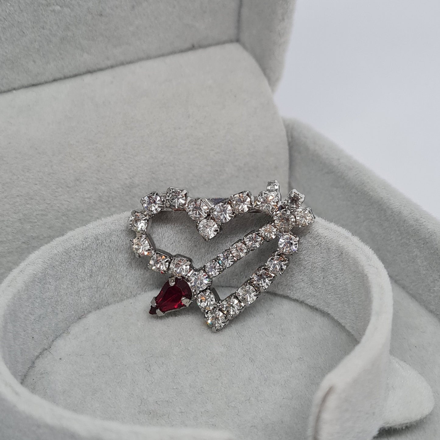 Vintage Rhinestone Heart Brooch: Silver Tone Metal Pin