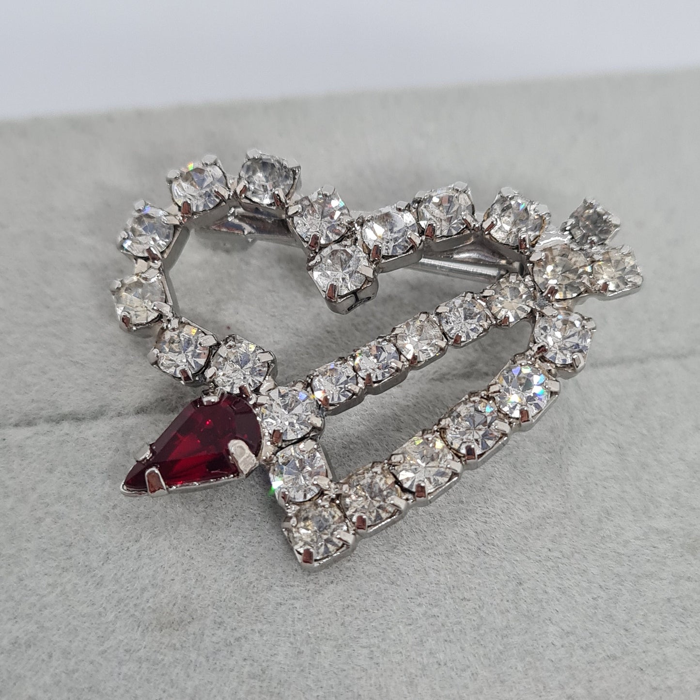 Vintage Rhinestone Heart Brooch: Silver Tone Metal Pin