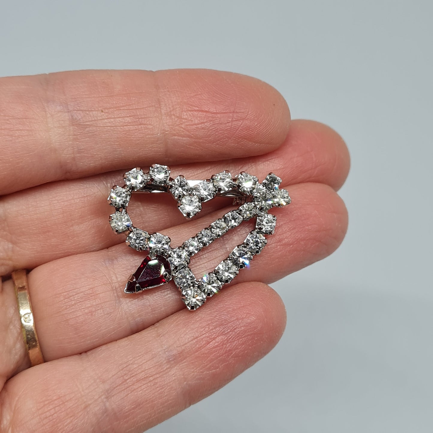Vintage Rhinestone Heart Brooch: Silver Tone Metal Pin