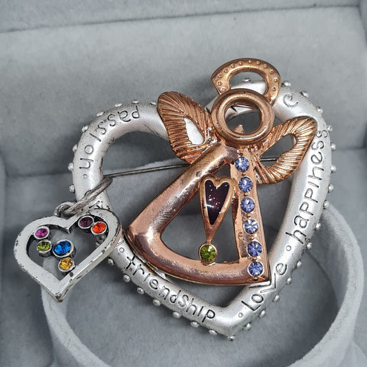 Vintage large heart and angel brooch. Silver and copper tone metal brooch pin with rhinestones. Gift for Christmas.