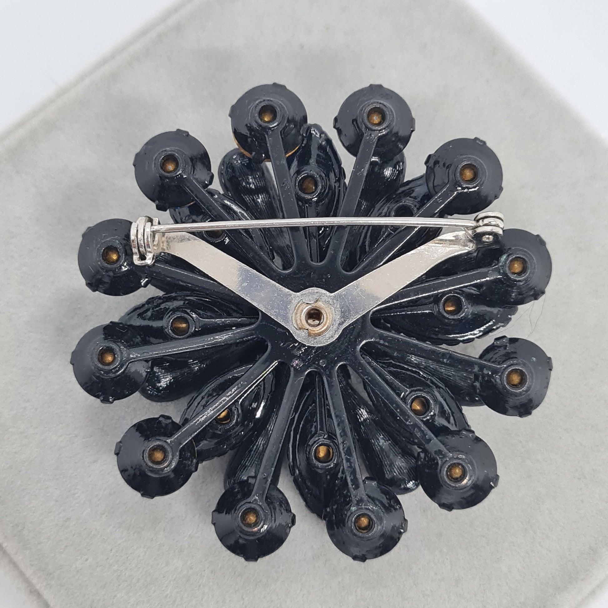 Awesome vintage brooch Black tone metal with blue,yellow and red glass rhinestones brooch pin