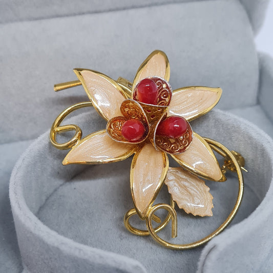 Vintage enamel flower brooch Gold tone metal with ivory enamel and red glass beads brooch Floral spray brooch pin