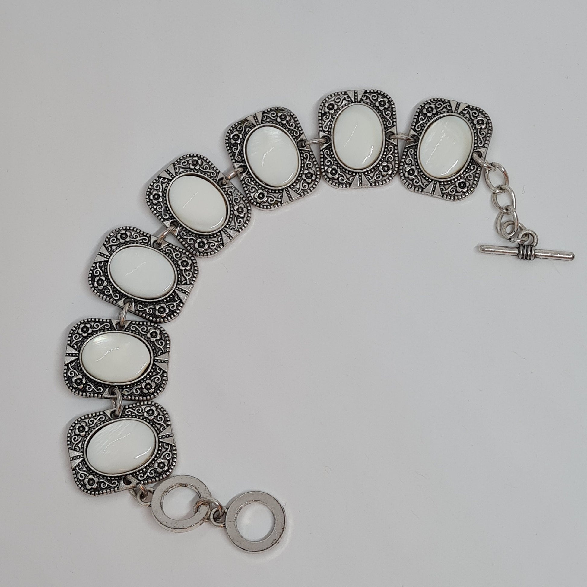 Vintage link bracelet with shell cabochons Silver tone metal rectangle link bracelet