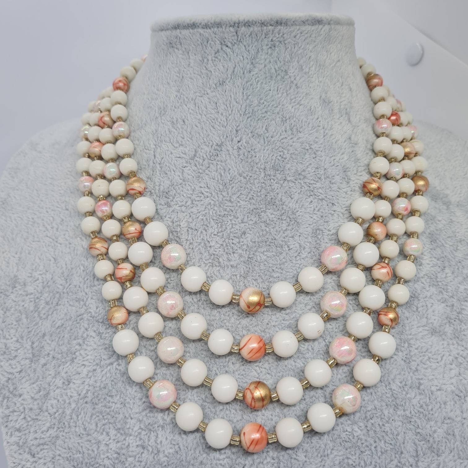 Vintage multistrand necklace Silver tone metal with white and pink plastic beads necklace