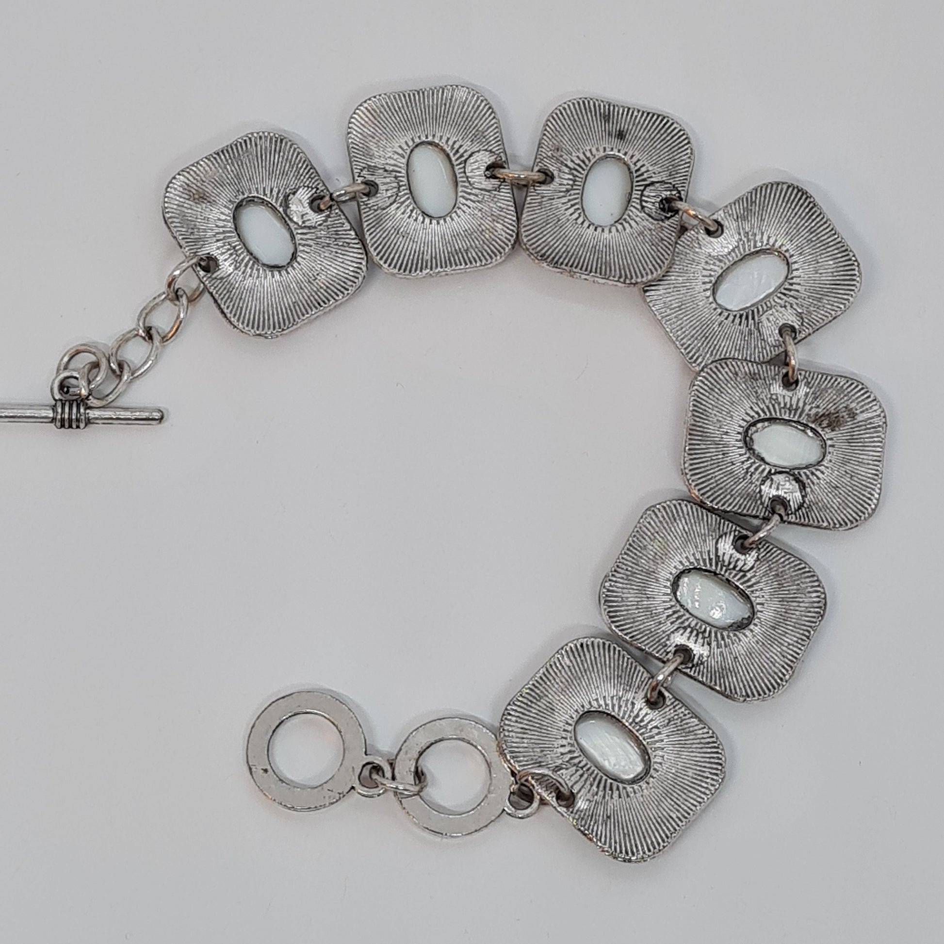 Vintage link bracelet with shell cabochons Silver tone metal rectangle link bracelet