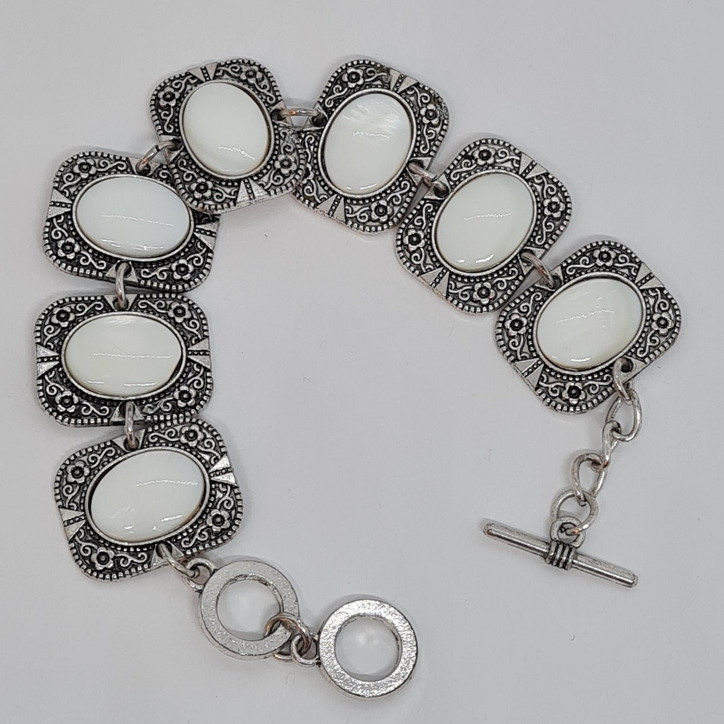 Vintage link bracelet with shell cabochons Silver tone metal rectangle link bracelet