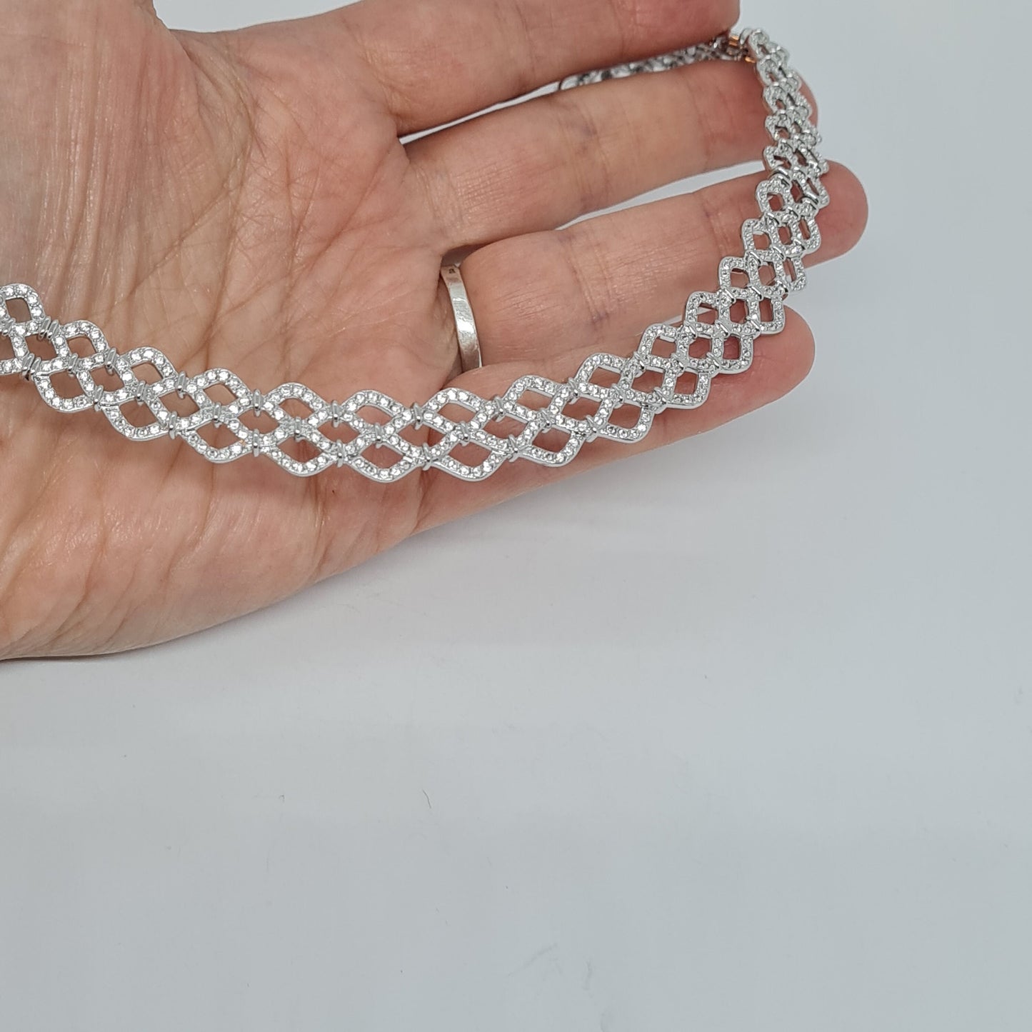 Vintage SWAROVSKI sparkly choker Silver tone metal rhodium plated with pave clear rhinestones Designer collar necklace
