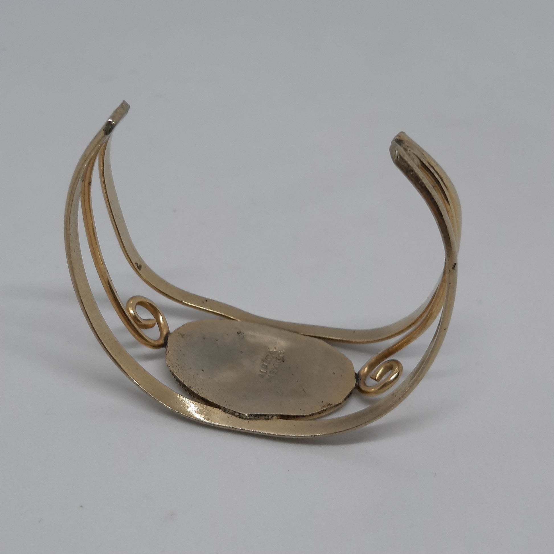 Vintage ALPACA MEXICO bracelet Gold tone metal with abalone flower cuff bracelet Designer floral motif open bracelet