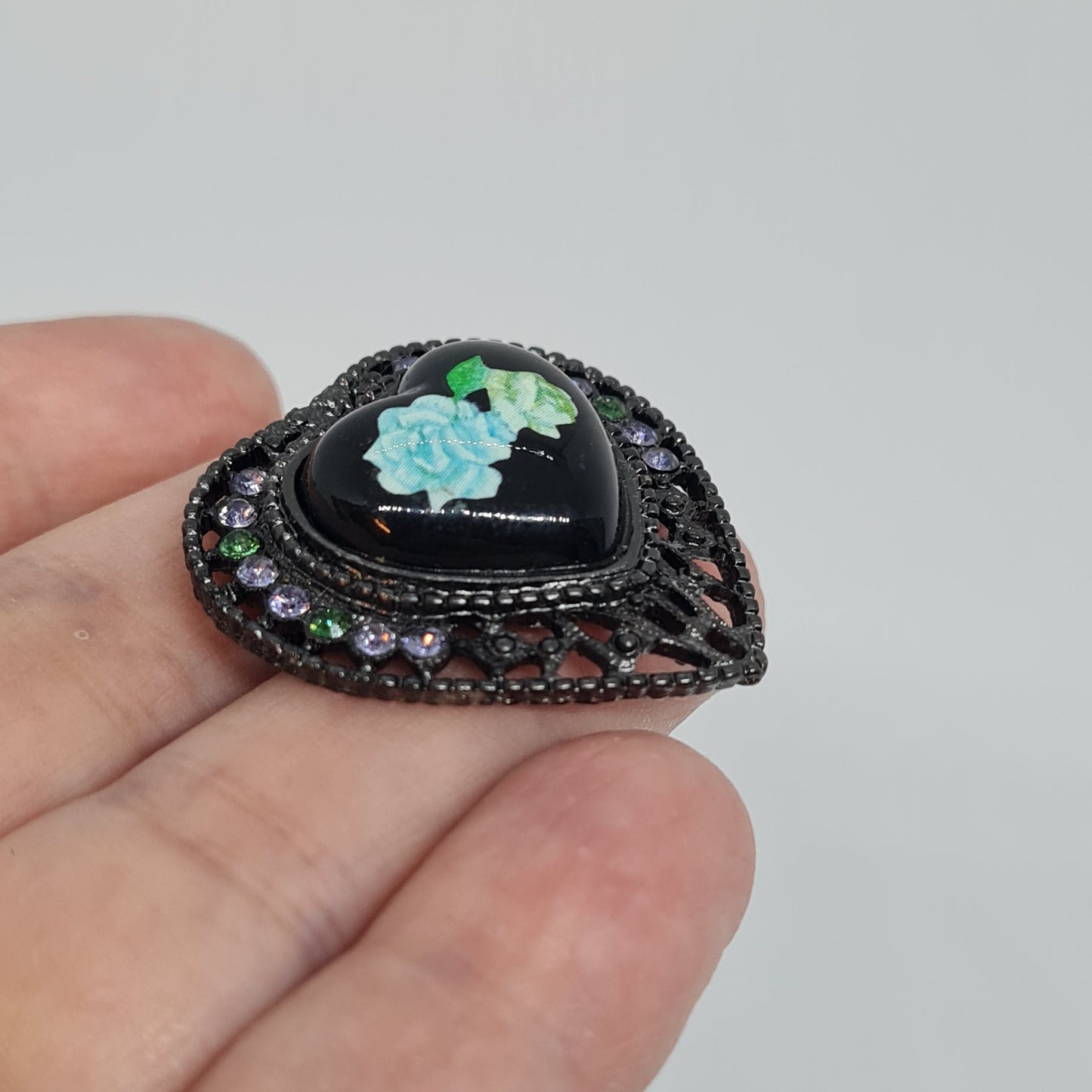 Vintage 1928 jewelry heart brooch Black tone metal and rhinestones brooch with plastic heart cabochon Designer floral brooch pin