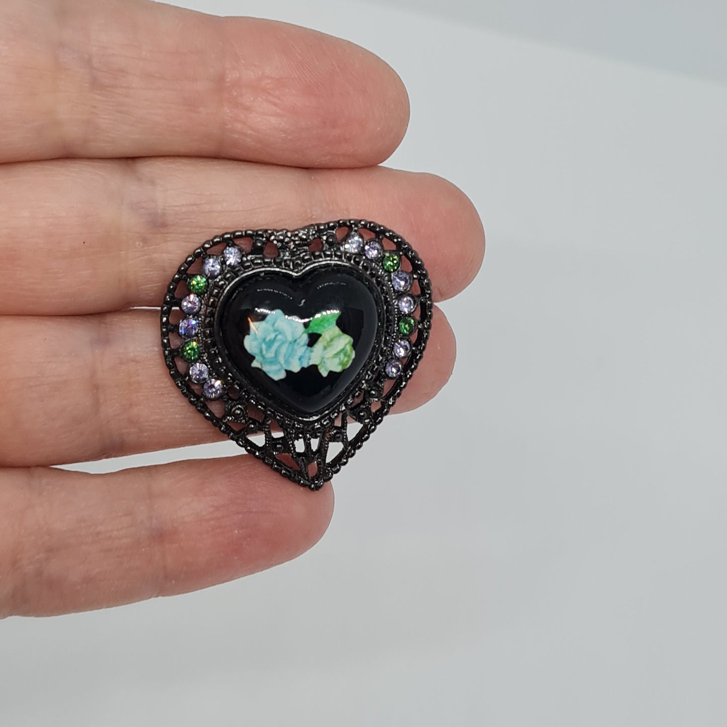 Vintage 1928 jewelry heart brooch Black tone metal and rhinestones brooch with plastic heart cabochon Designer floral brooch pin