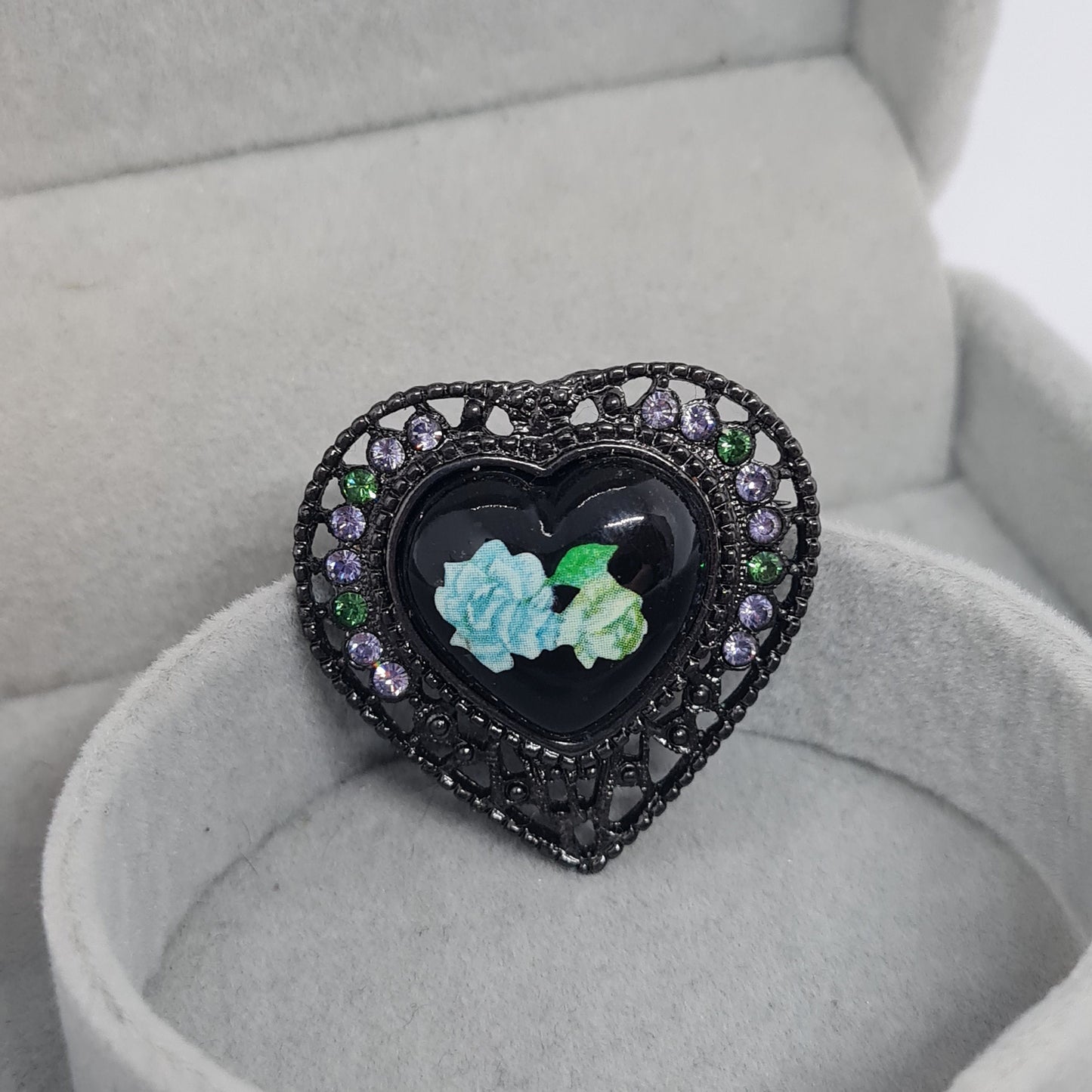 Vintage 1928 jewelry heart brooch Black tone metal and rhinestones brooch with plastic heart cabochon Designer floral brooch pin