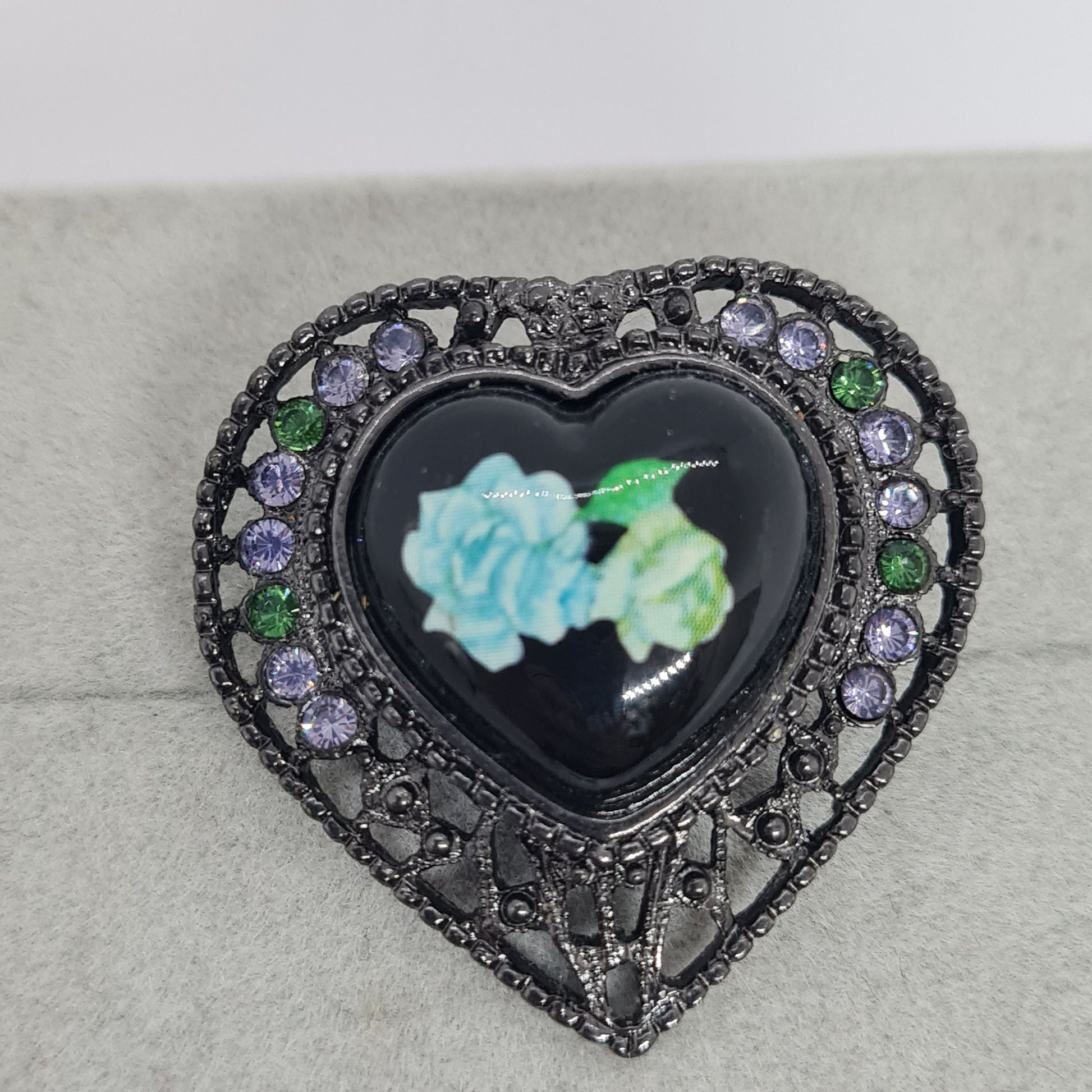 Vintage 1928 jewelry heart brooch Black tone metal and rhinestones brooch with plastic heart cabochon Designer floral brooch pin