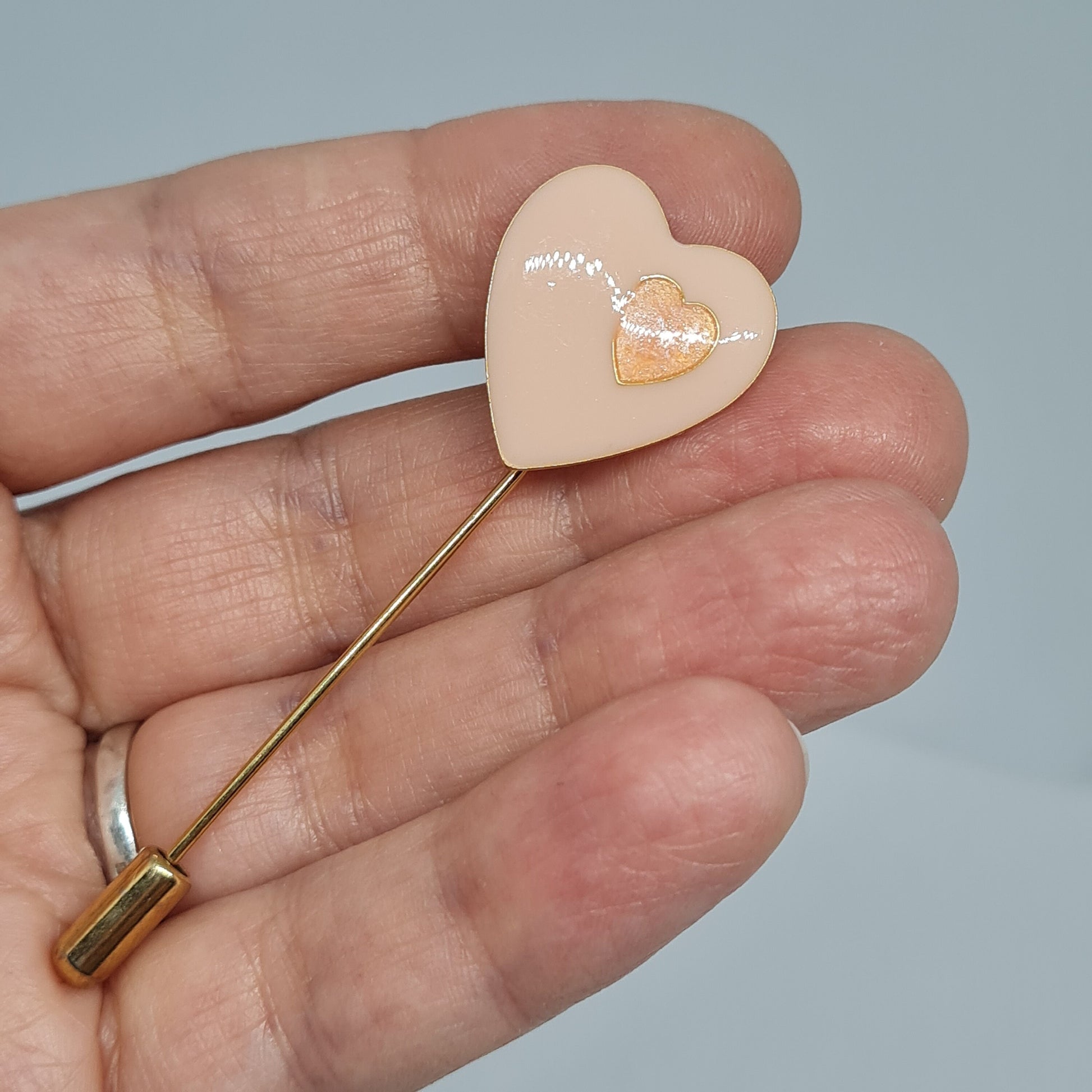 Vintage enamel heart stick pin Gold tone metal with pink enamel stick pin