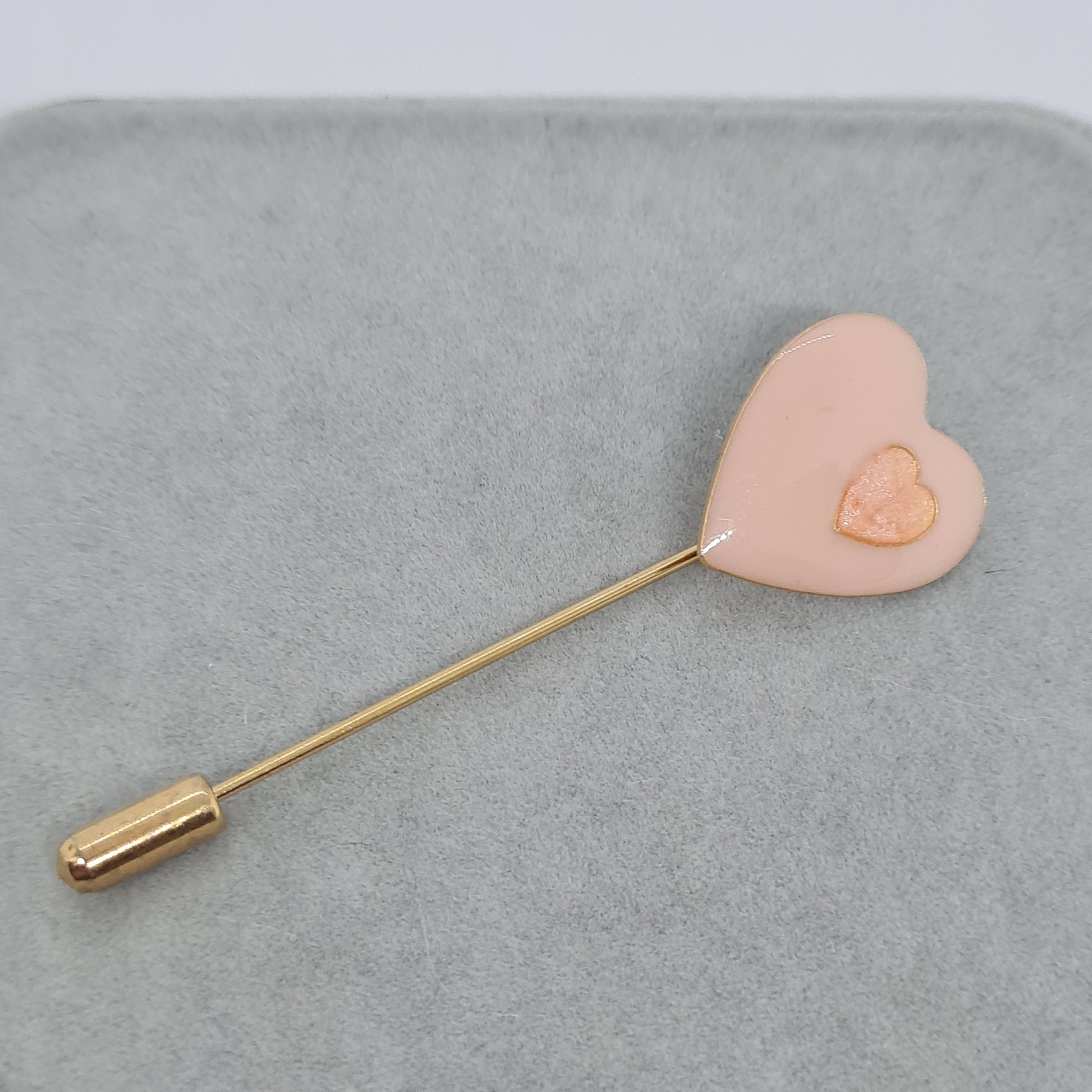 Vintage enamel heart stick pin Gold tone metal with pink enamel stick pin