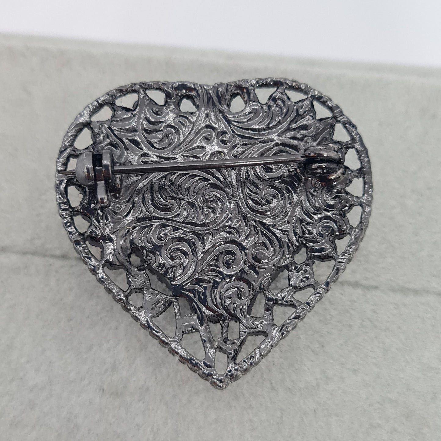 Vintage 1928 jewelry heart brooch Black tone metal and rhinestones brooch with plastic heart cabochon Designer floral brooch pin