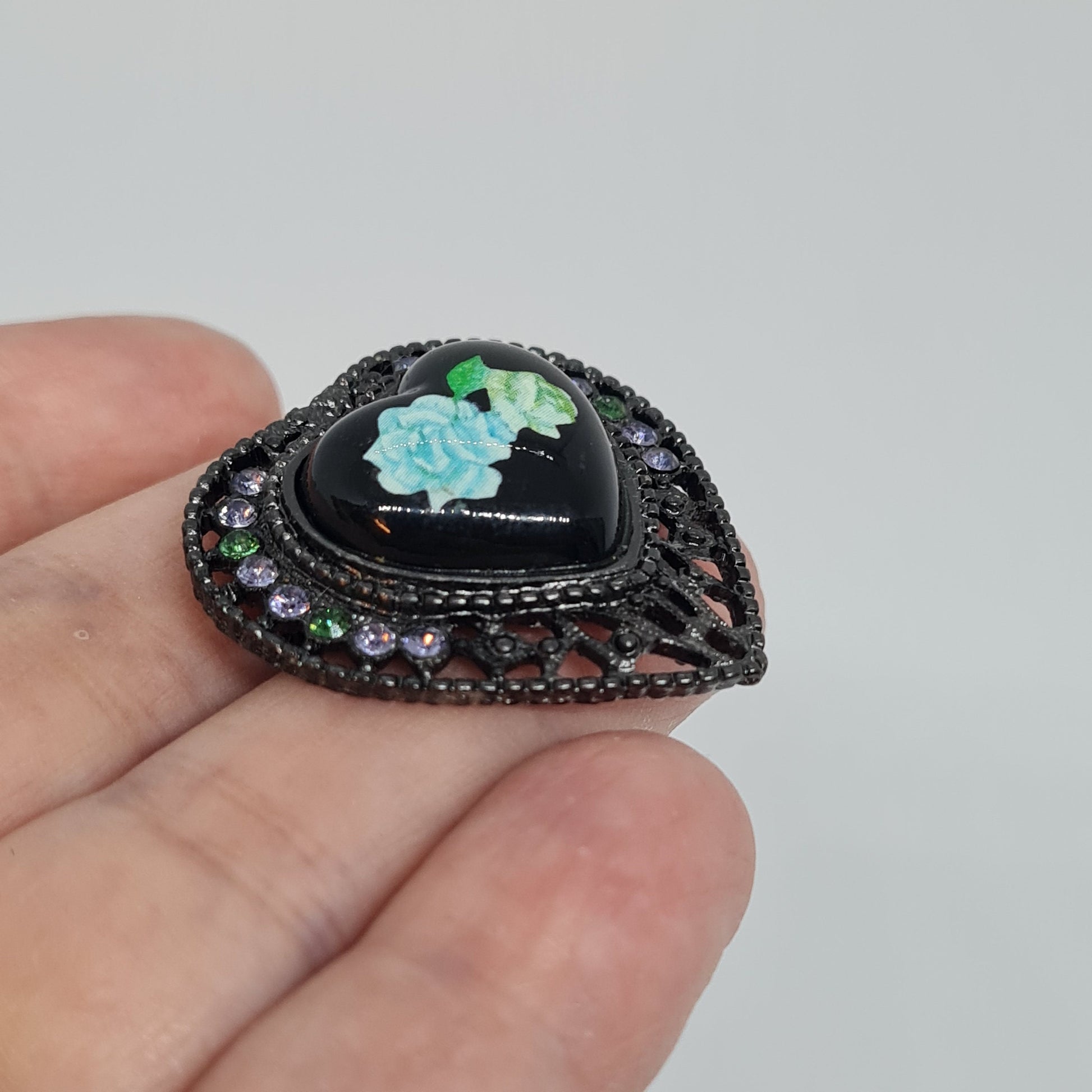 Vintage 1928 jewelry heart brooch Black tone metal and rhinestones brooch with plastic heart cabochon Designer floral brooch pin