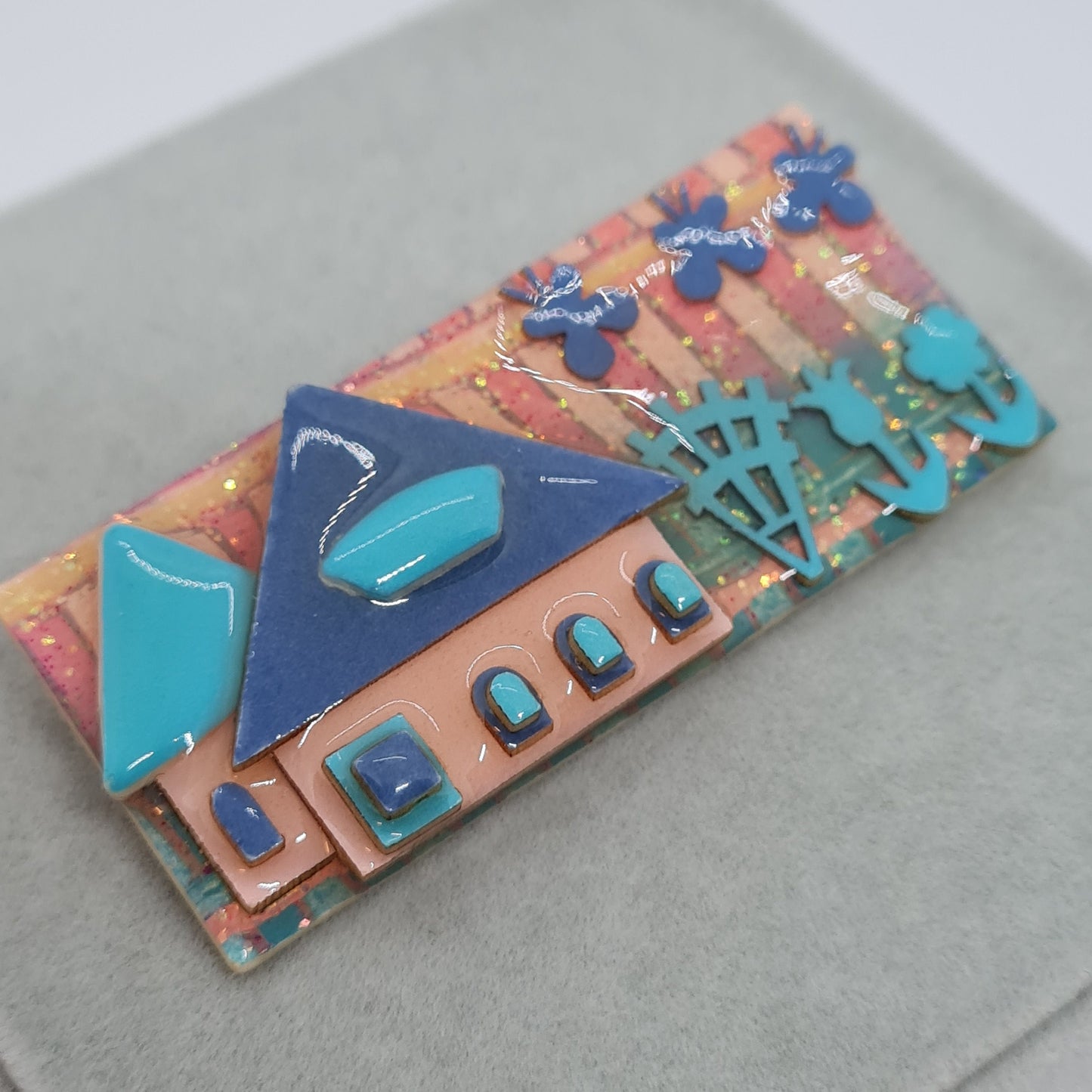 HOUSE PINS by LUCINDA pin vintage Blue tone houses brooch with epoxy resin Designer handmade brooch pin