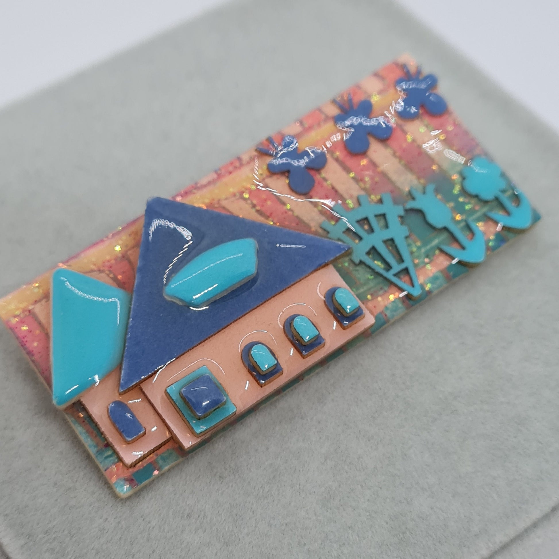 HOUSE PINS by LUCINDA pin vintage Blue tone houses brooch with epoxy resin Designer handmade brooch pin