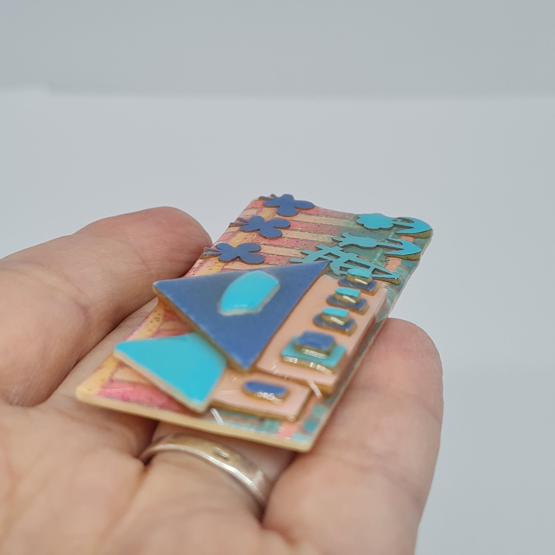 HOUSE PINS by LUCINDA pin vintage Blue tone houses brooch with epoxy resin Designer handmade brooch pin