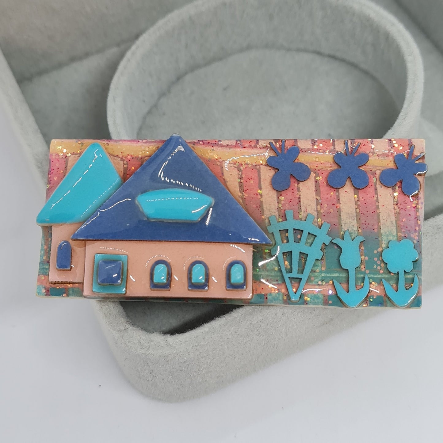 HOUSE PINS by LUCINDA pin vintage Blue tone houses brooch with epoxy resin Designer handmade brooch pin