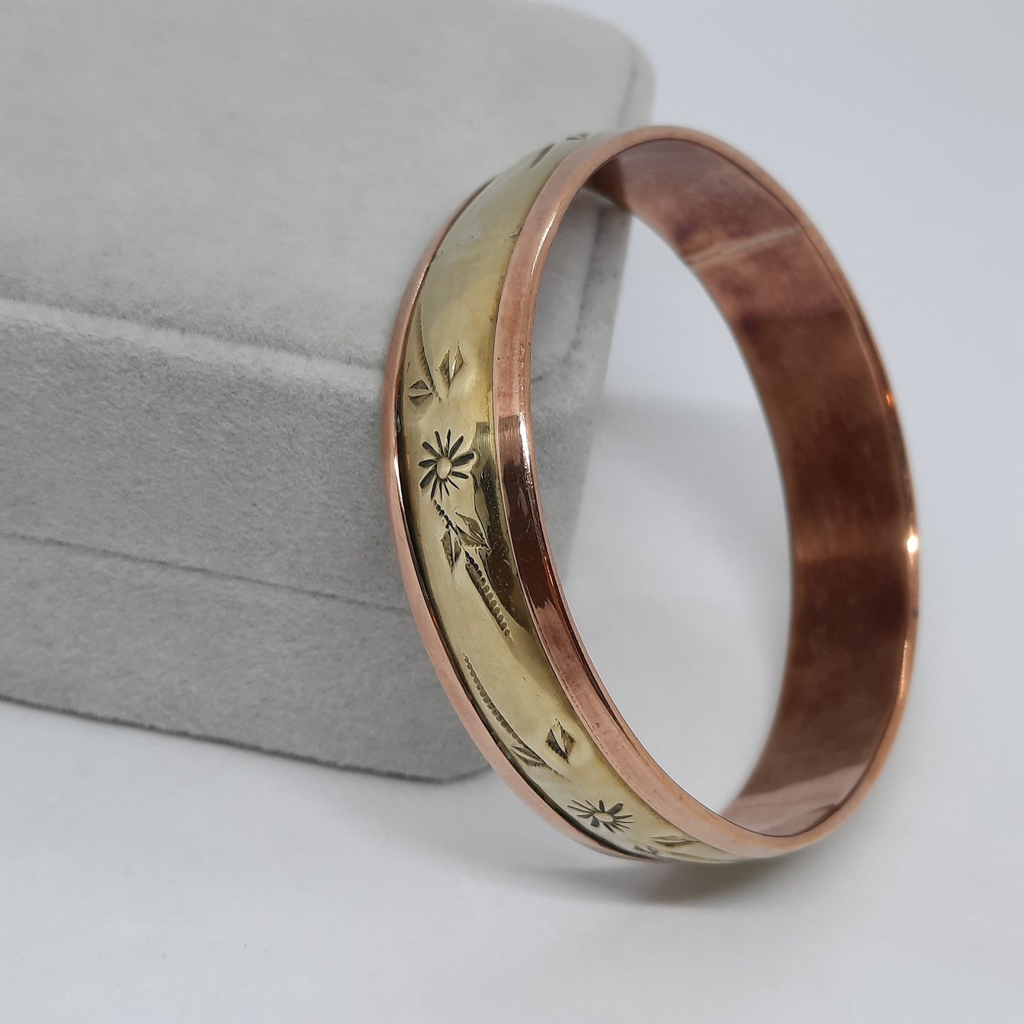 Vintage two-tone bangle bracelet Brass and copper cuff bracelet with floral motif