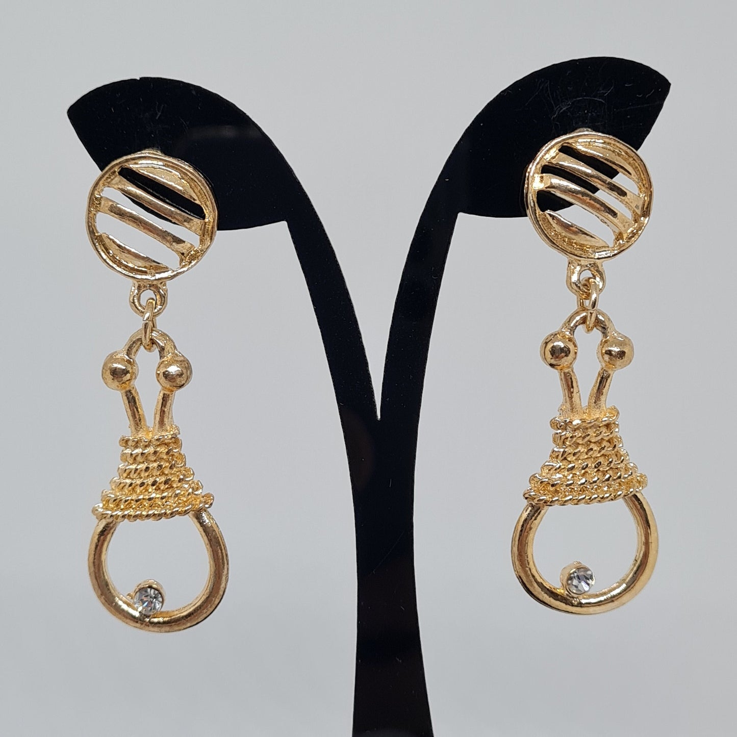 Vintage rope drop earrings. Gold-tone textured metal dangle earrings with small rhinestones.
