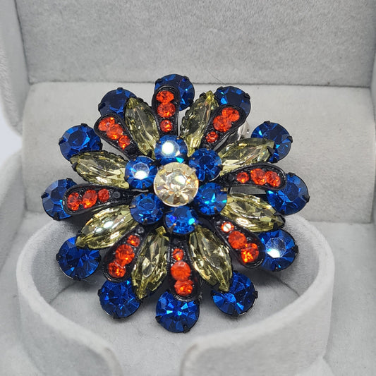 Awesome vintage brooch Black tone metal with blue,yellow and red glass rhinestones brooch pin