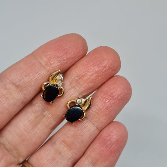 Vintage Gold Tone Stud Earrings: Rhinestone & Black Glass Cabochon