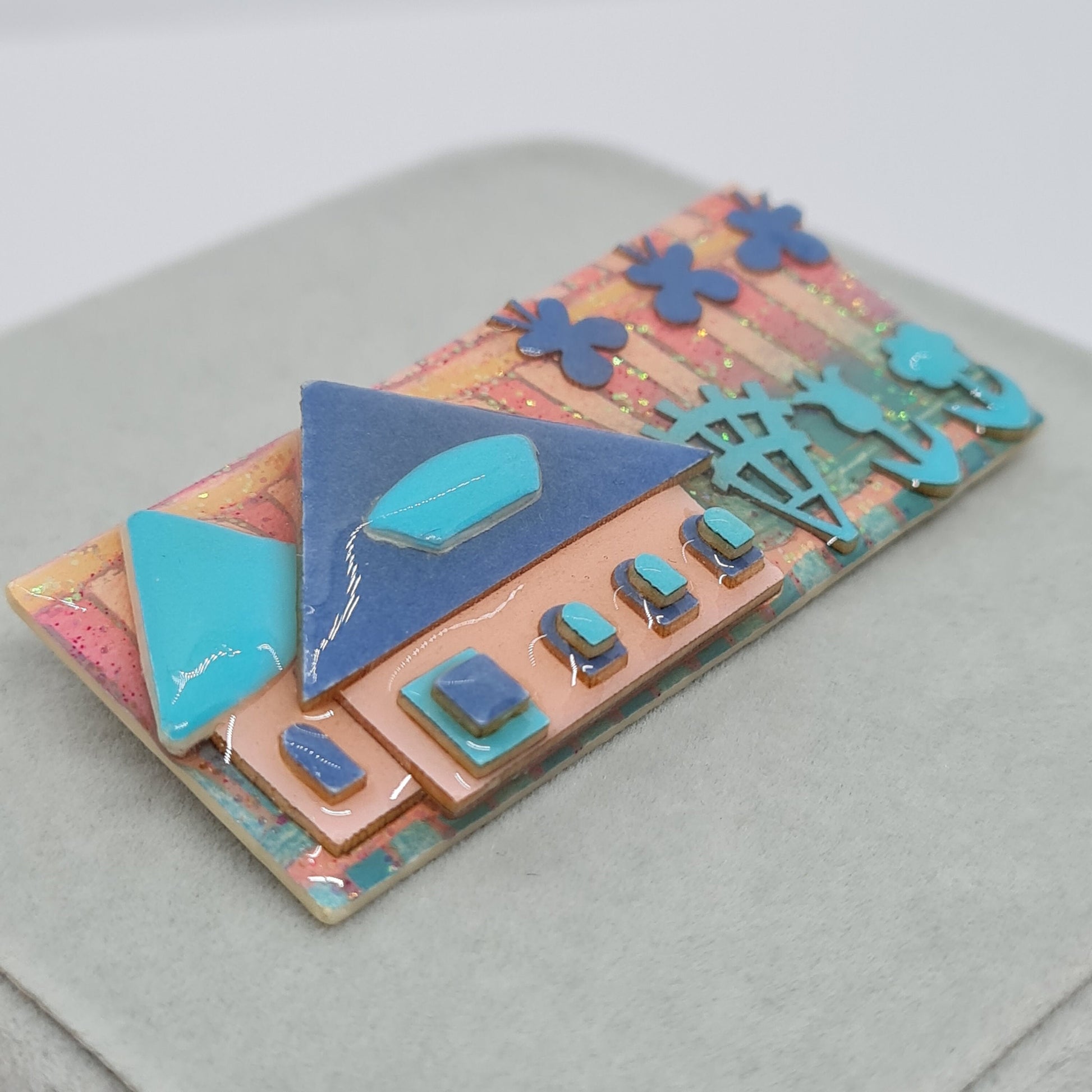 HOUSE PINS by LUCINDA pin vintage Blue tone houses brooch with epoxy resin Designer handmade brooch pin