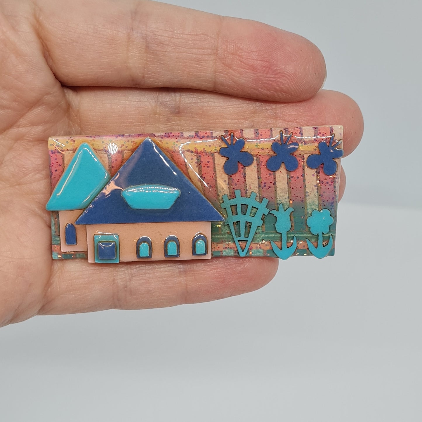 HOUSE PINS by LUCINDA pin vintage Blue tone houses brooch with epoxy resin Designer handmade brooch pin