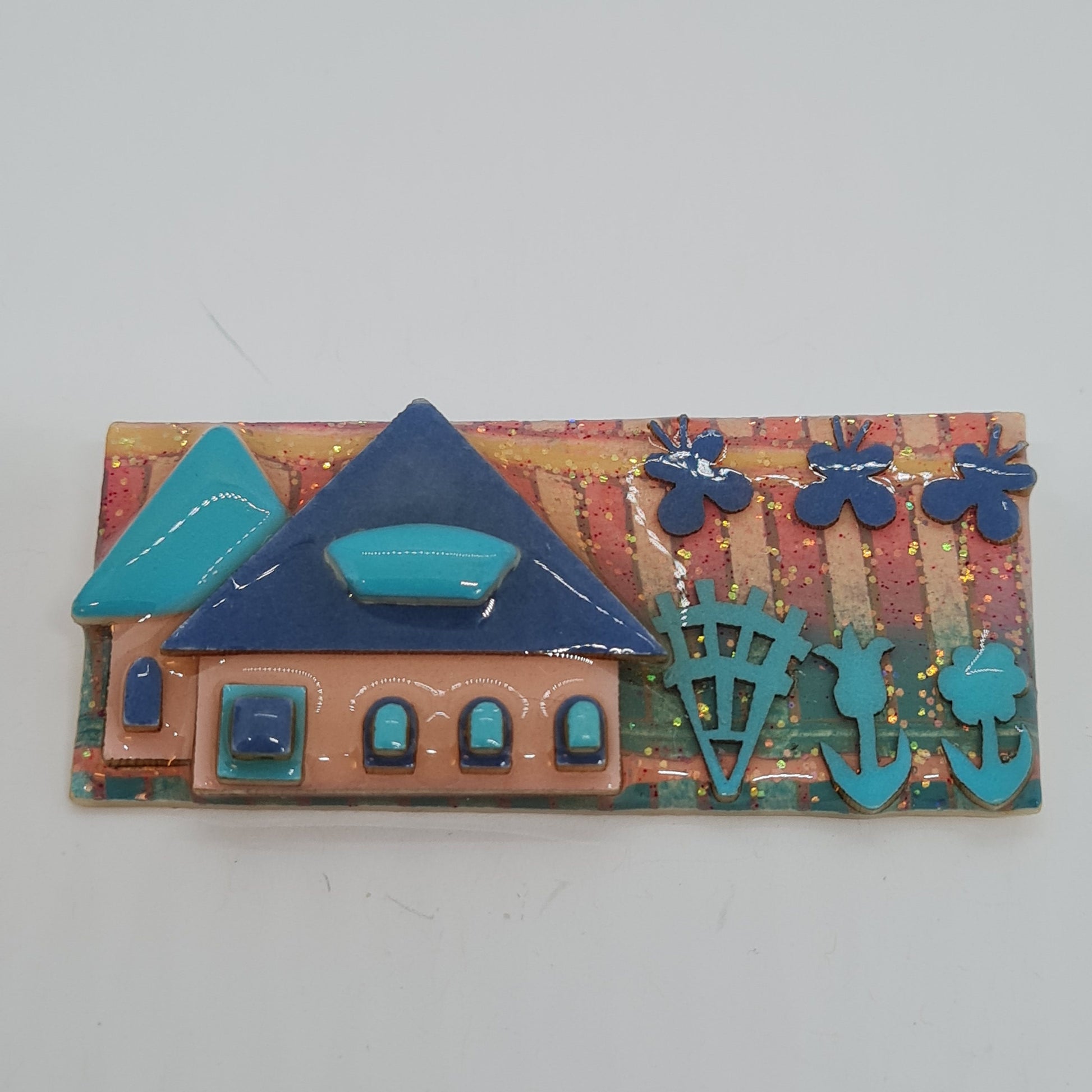 HOUSE PINS by LUCINDA pin vintage Blue tone houses brooch with epoxy resin Designer handmade brooch pin