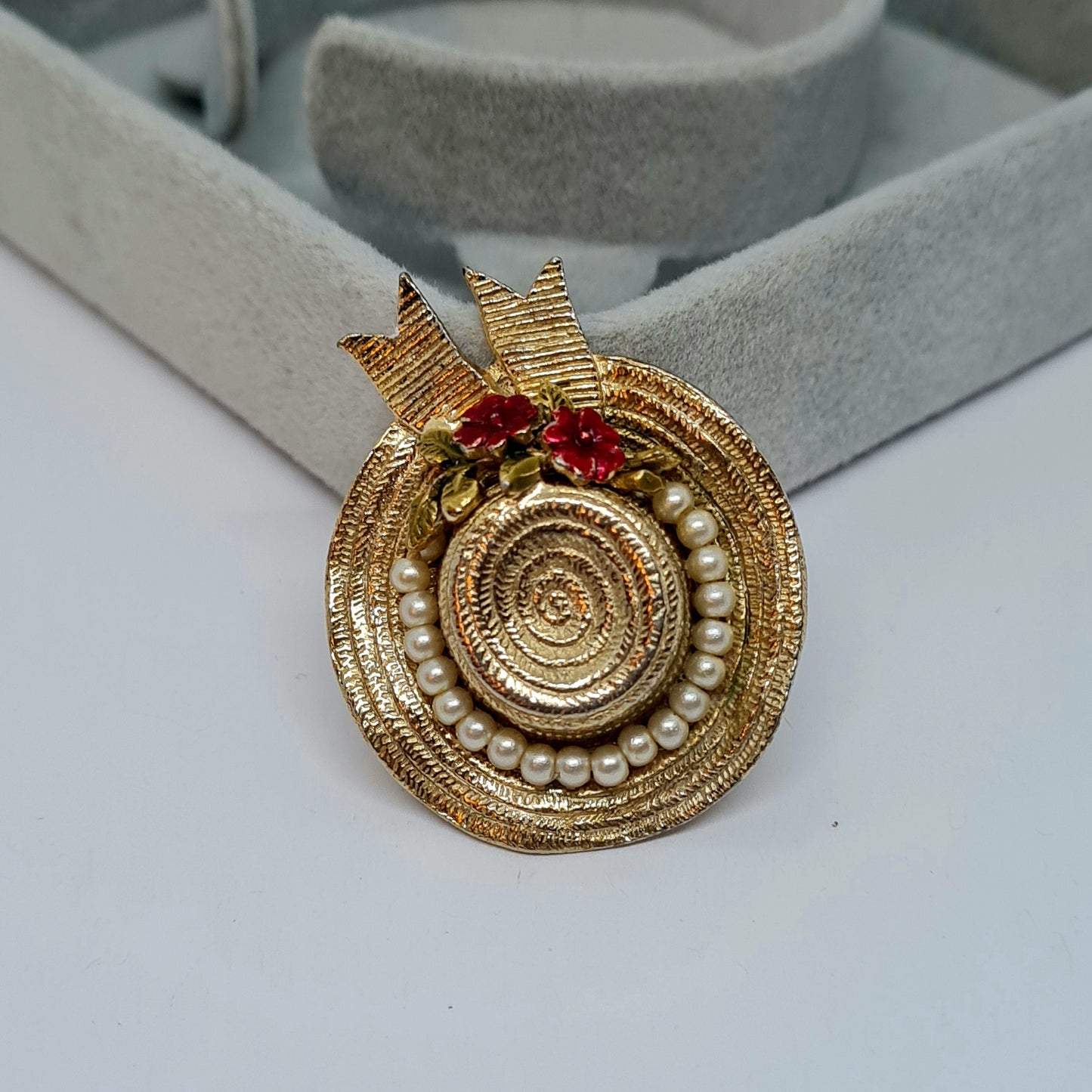 Vintage CINER Hat Brooch: Gold Tone, Enamel, Faux Pearl Pin