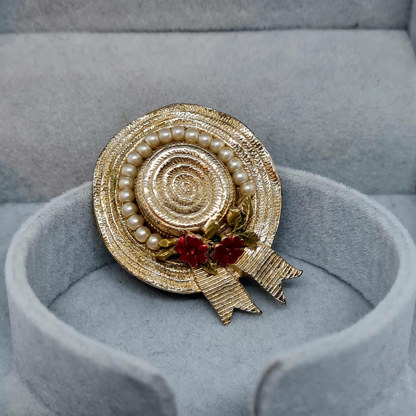 Vintage CINER Hat Brooch: Gold Tone, Enamel, Faux Pearl Pin