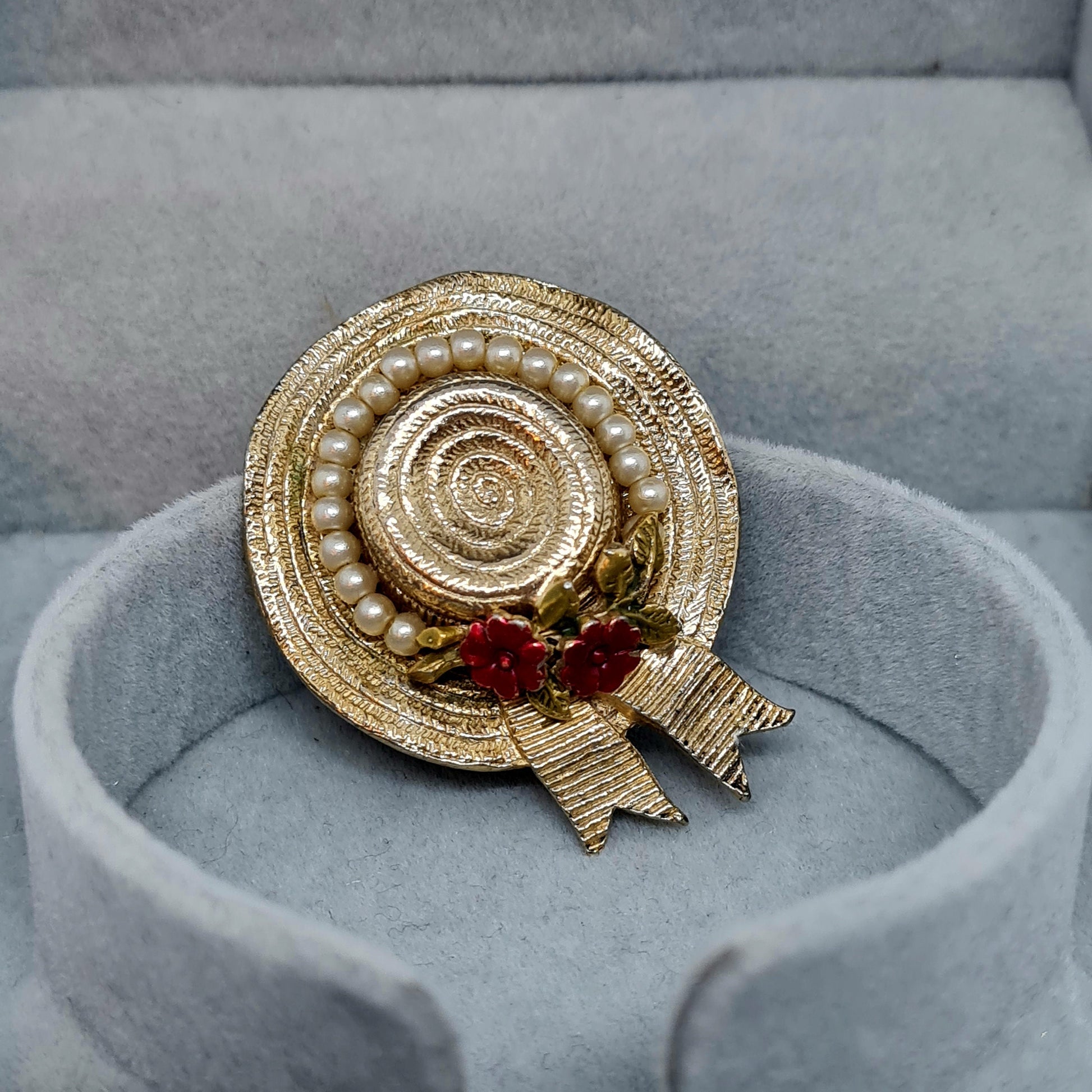 Vintage CINER Hat Brooch: Gold Tone, Enamel, Faux Pearl Pin