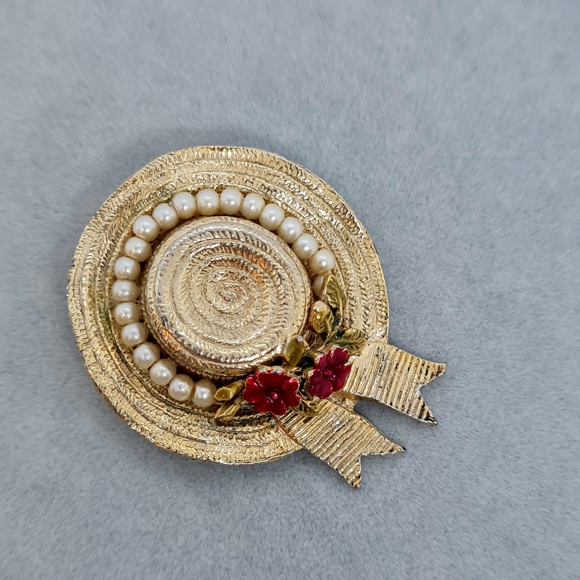 Vintage CINER Hat Brooch: Gold Tone, Enamel, Faux Pearl Pin