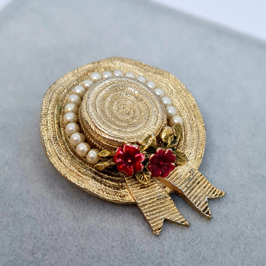 Vintage CINER Hat Brooch: Gold Tone, Enamel, Faux Pearl Pin