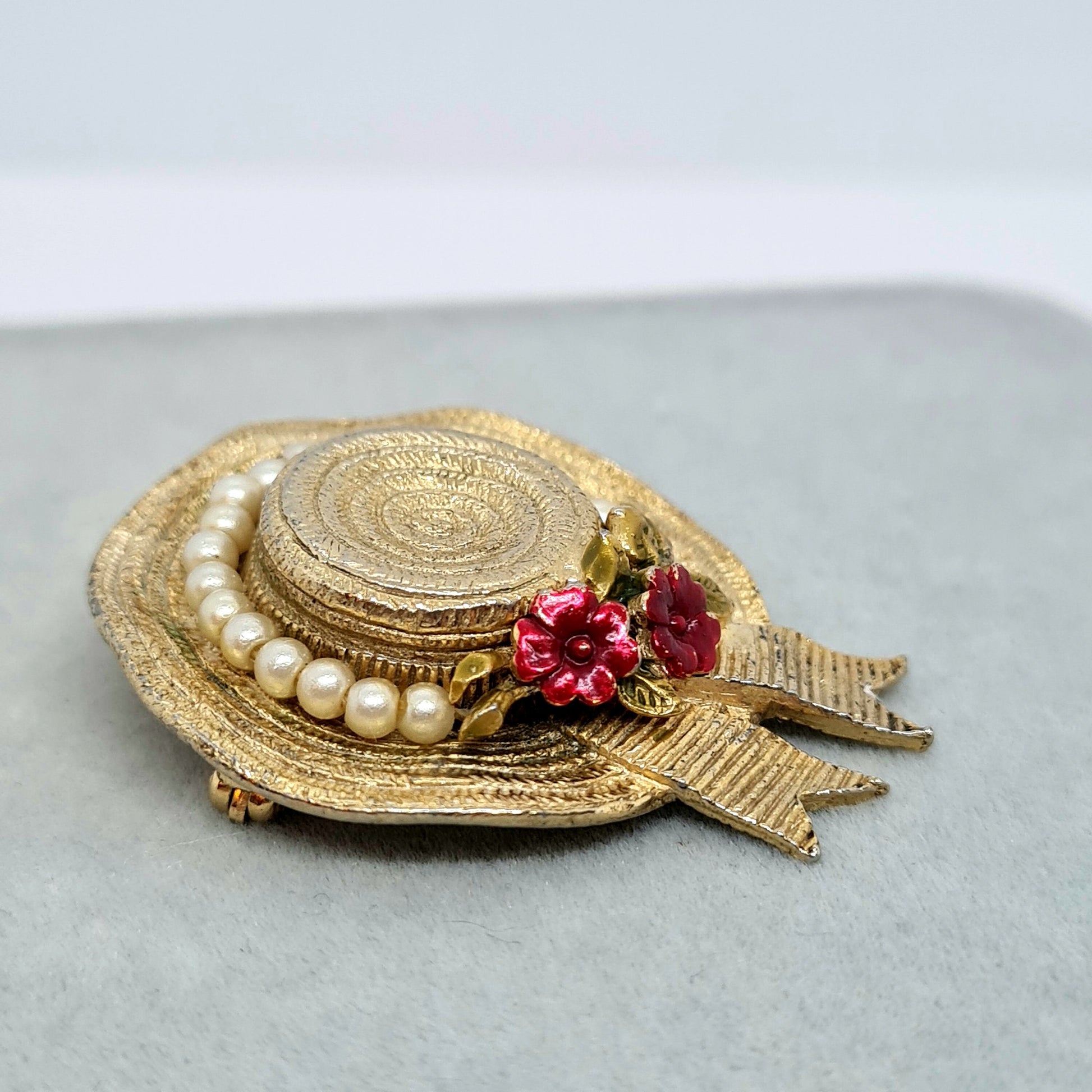 Vintage CINER Hat Brooch: Gold Tone, Enamel, Faux Pearl Pin